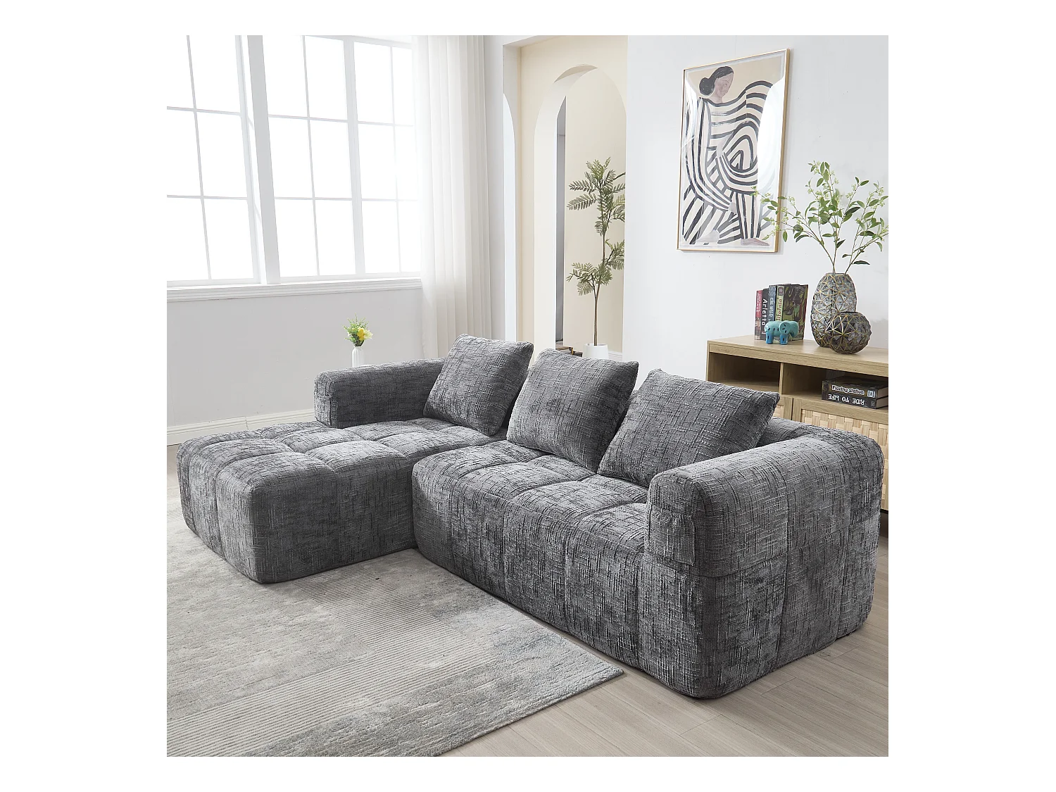 Canapé en L 3 places - 250 x 158 x 60 cm - avec méridienne + accoudoirs + 3 coussins - Chenille - gris