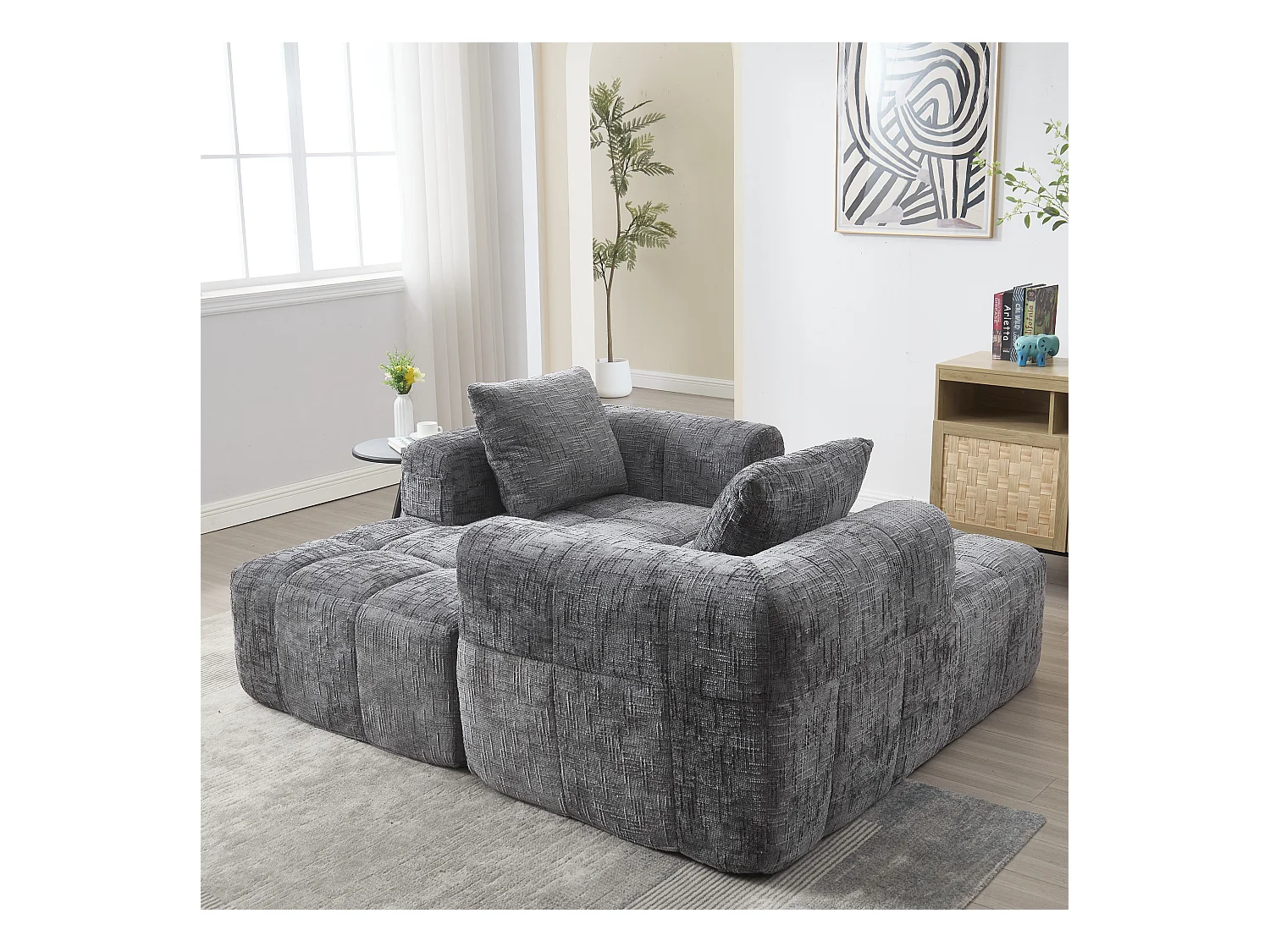 Canapé en L 3 places - 250 x 158 x 60 cm - avec méridienne + accoudoirs + 3 coussins - Chenille - gris