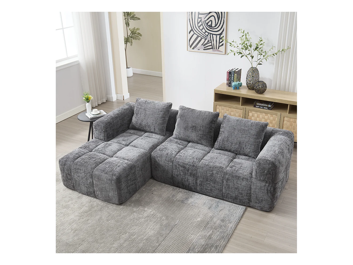 Sofa 3-osobowa w kształcie litery L - 250 x 158 x 60 cm - z szezlongiem + podłokietnikami + 3 poduszkami - Chenille - szara