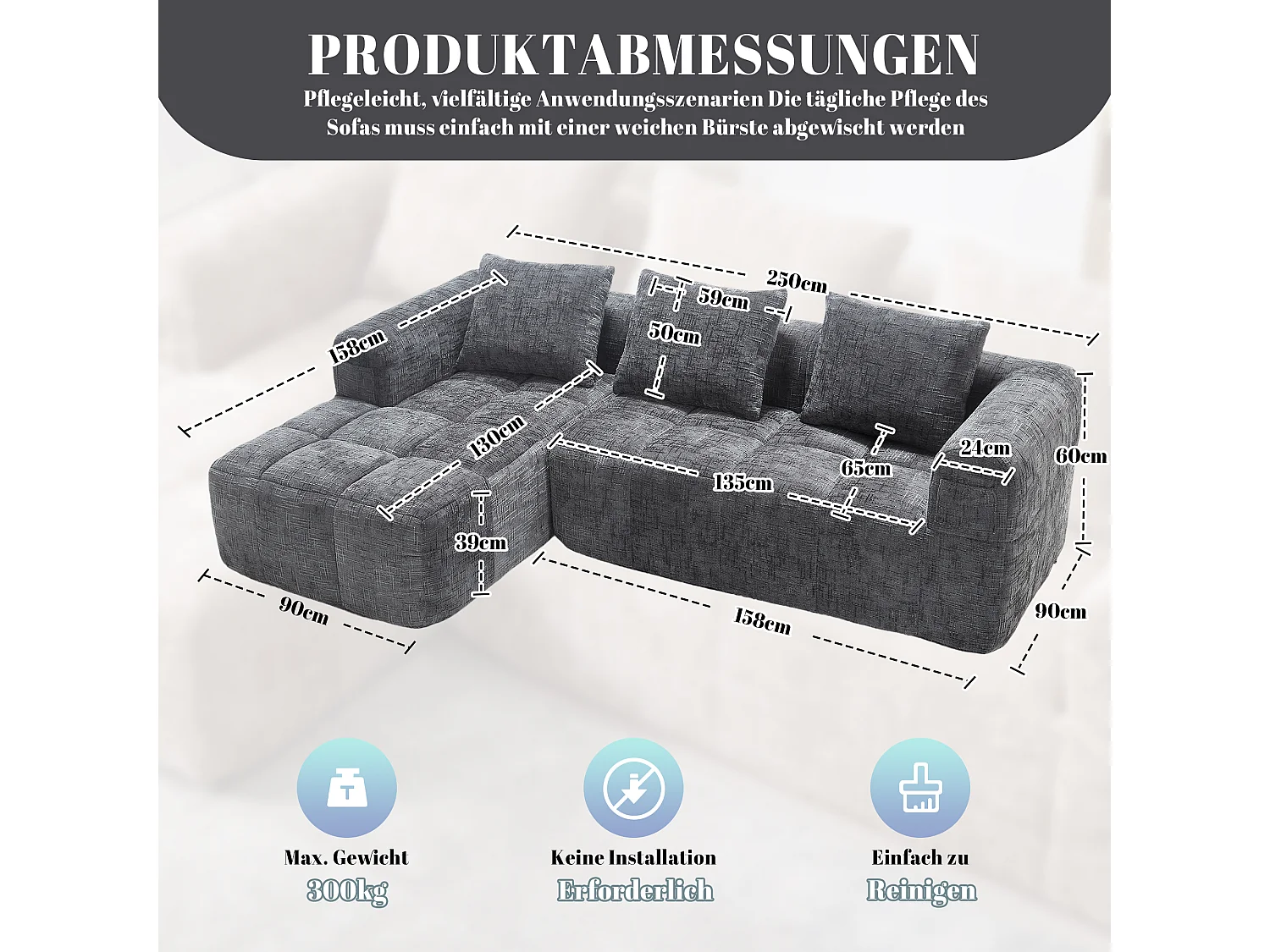 Canapé en L 3 places - 250 x 158 x 60 cm - avec méridienne + accoudoirs + 3 coussins - Chenille - gris