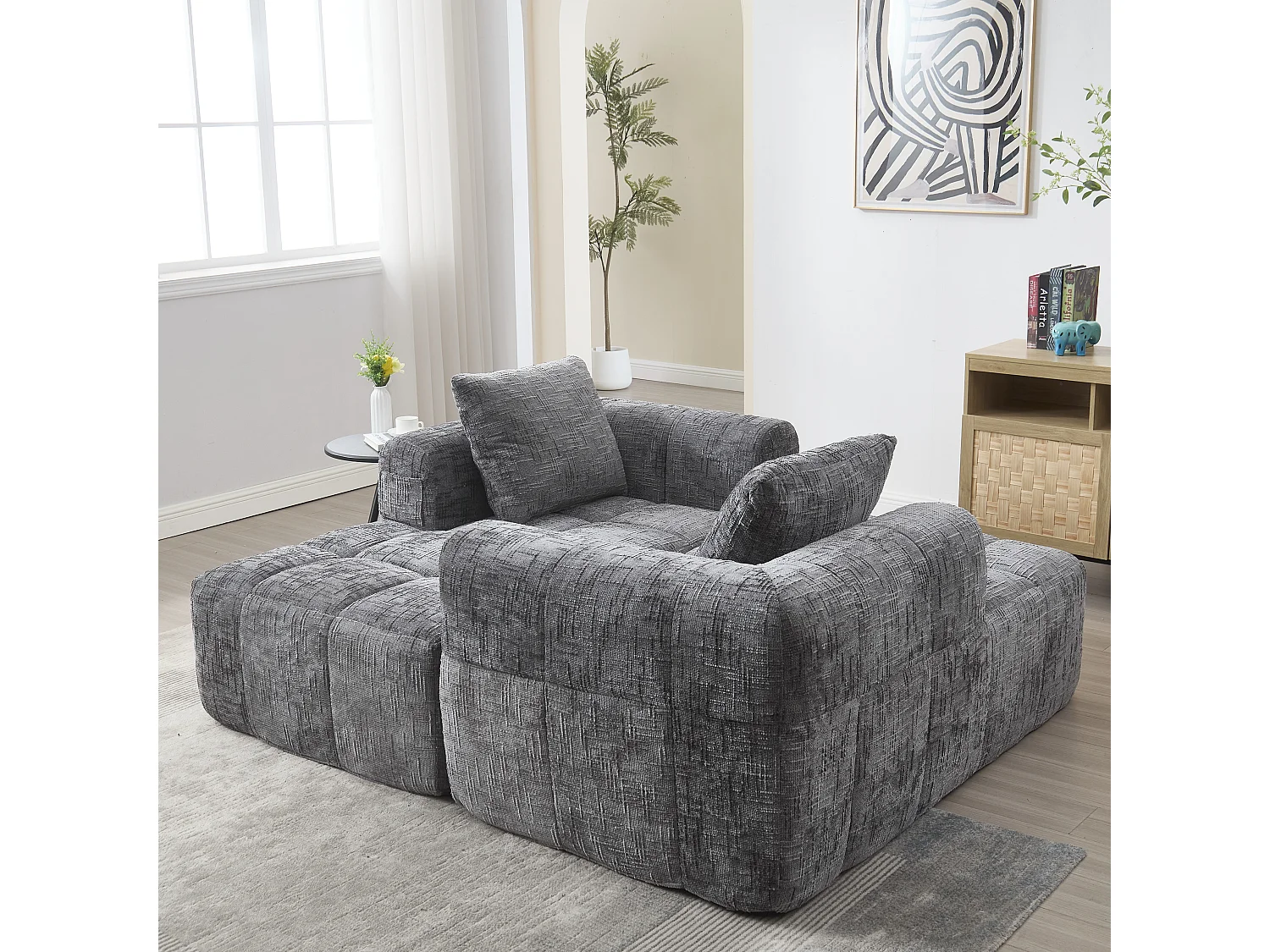 Canapé en L 3 places - 250 x 158 x 60 cm - avec méridienne + accoudoirs + 3 coussins - Chenille - gris