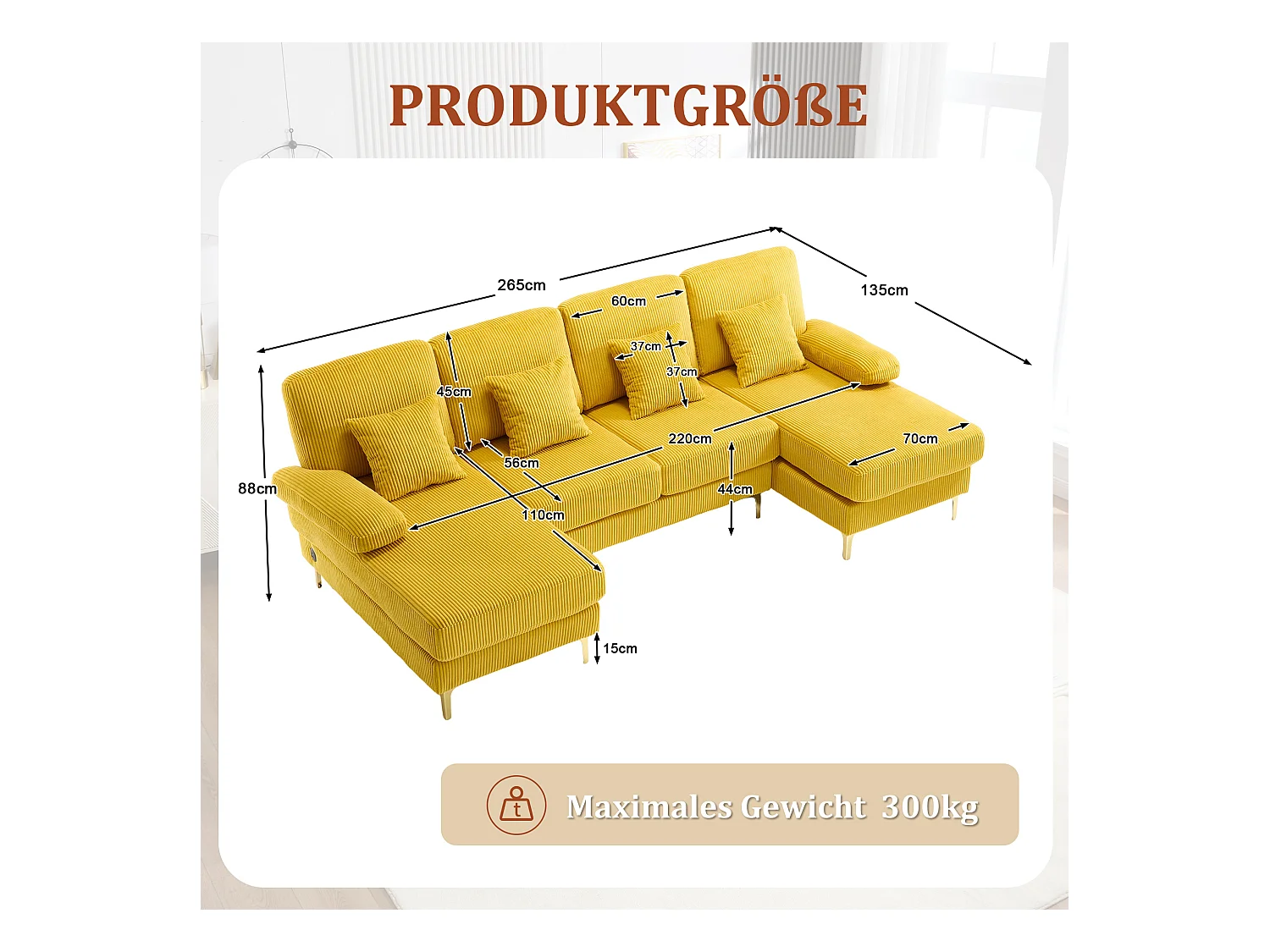 Canapé en forme de U - 265 x 135 x 88 cm - avec Leds + port USB-C + 4 coussins - velours - jaune