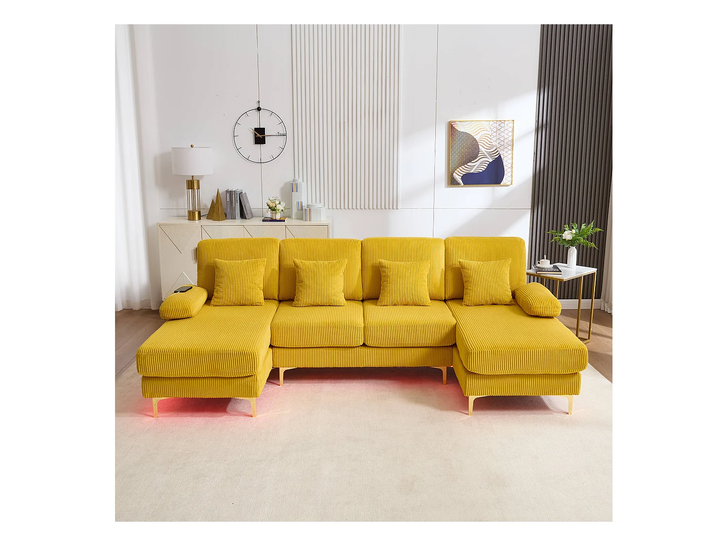 Canapé en forme de U - 265 x 135 x 88 cm - avec Leds + port USB-C + 4 coussins - velours - jaune