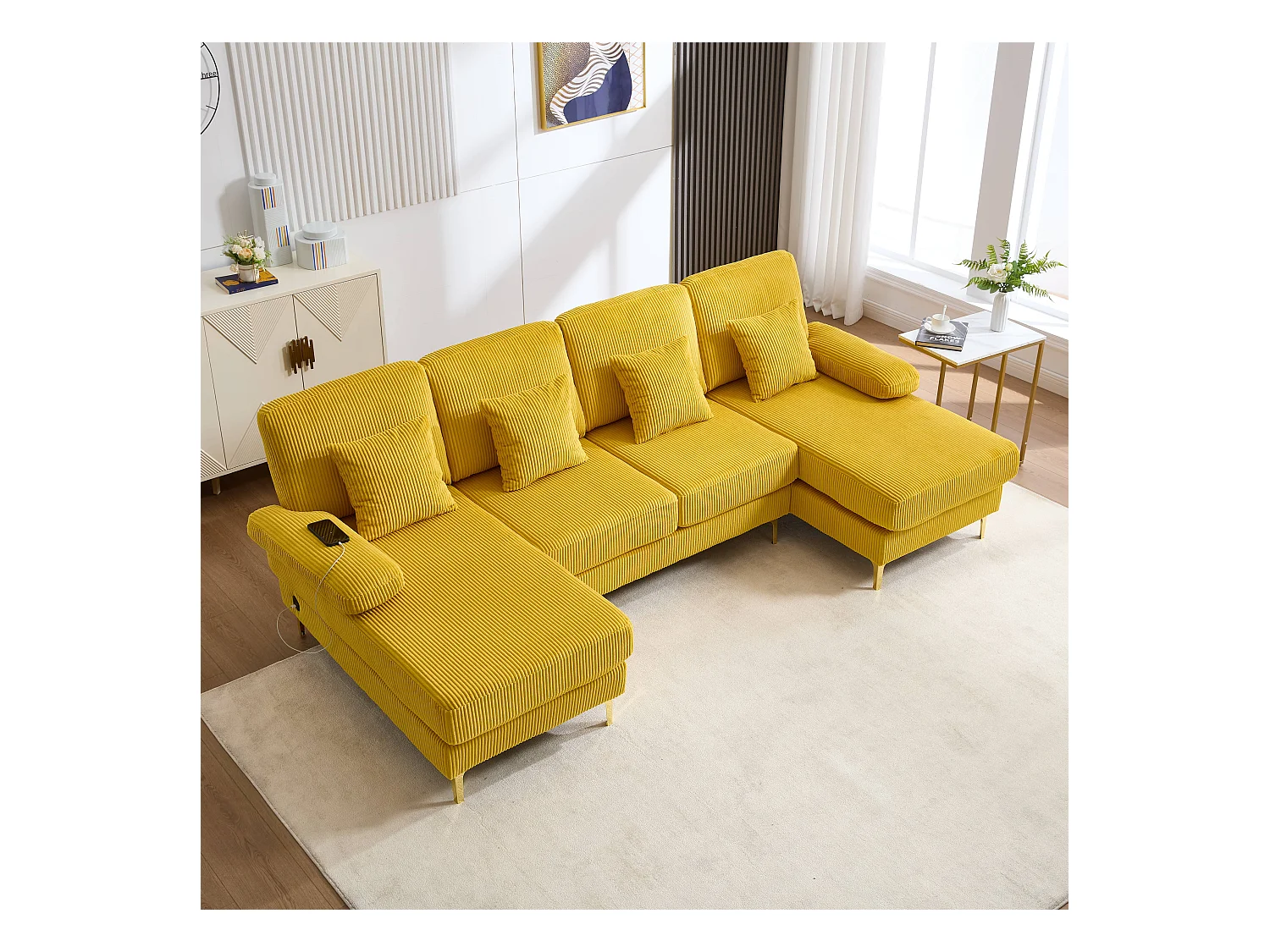 Canapé en forme de U - 265 x 135 x 88 cm - avec Leds + port USB-C + 4 coussins - velours - jaune