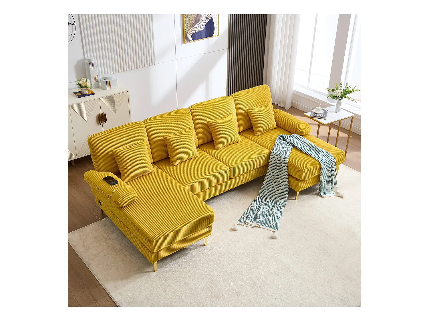 Canapé en forme de U - 265 x 135 x 88 cm - avec Leds + port USB-C + 4 coussins - velours - jaune