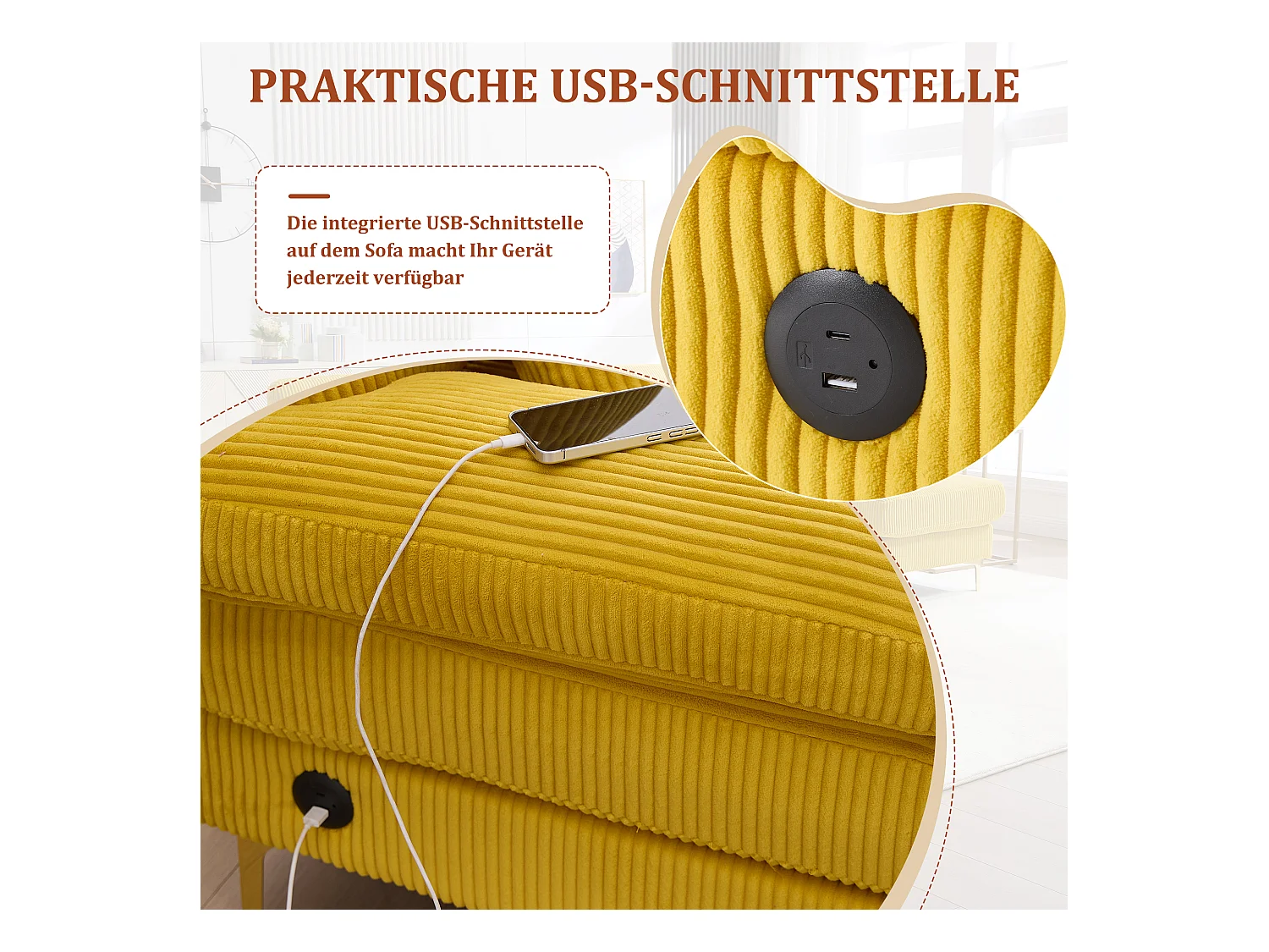 Canapé en forme de U - 265 x 135 x 88 cm - avec Leds + port USB-C + 4 coussins - velours - jaune