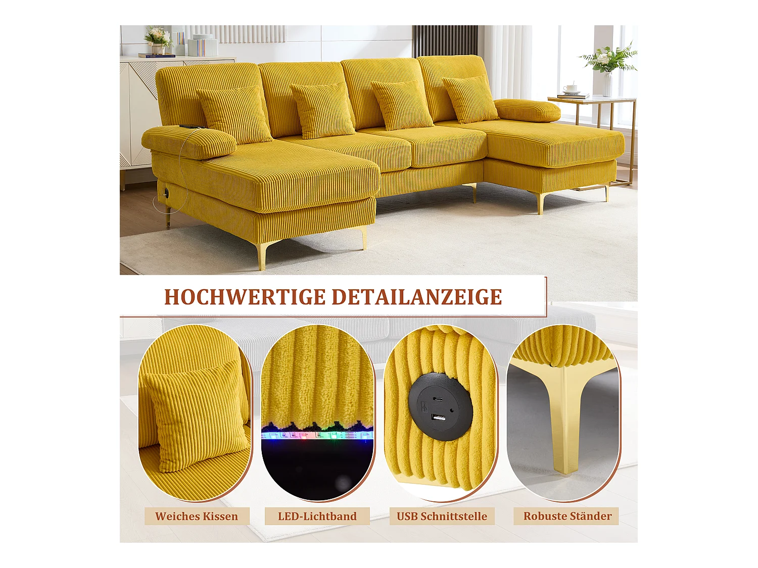 Canapé en forme de U - 265 x 135 x 88 cm - avec Leds + port USB-C + 4 coussins - velours - jaune