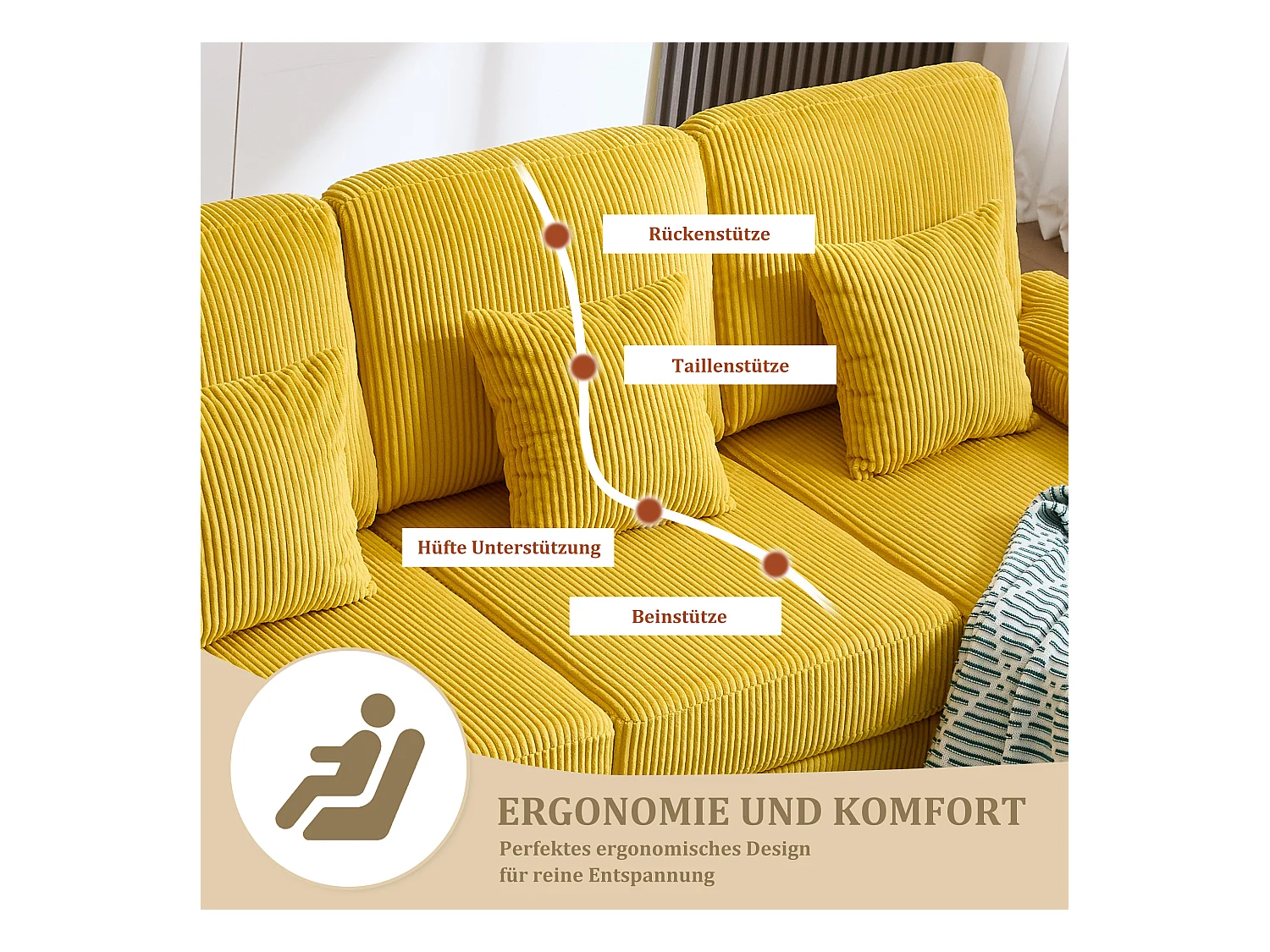 Canapé en forme de U - 265 x 135 x 88 cm - avec Leds + port USB-C + 4 coussins - velours - jaune