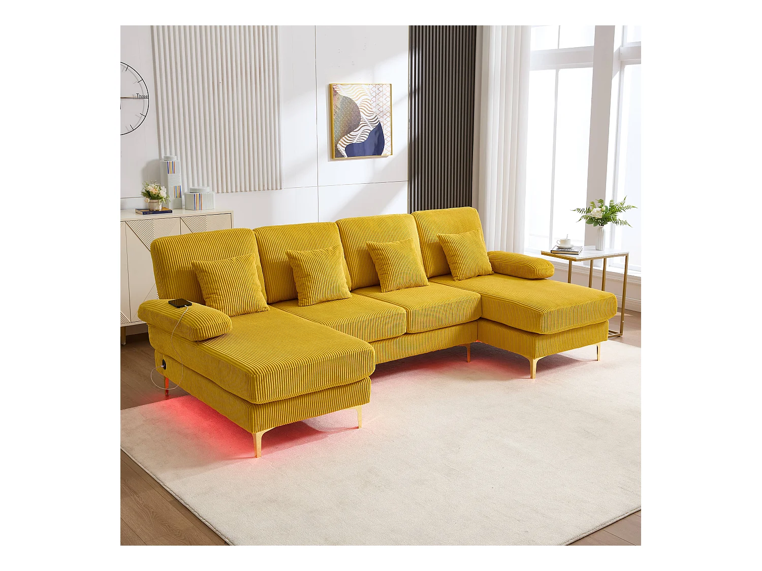 Canapé en forme de U - 265 x 135 x 88 cm - avec Leds + port USB-C + 4 coussins - velours - jaune