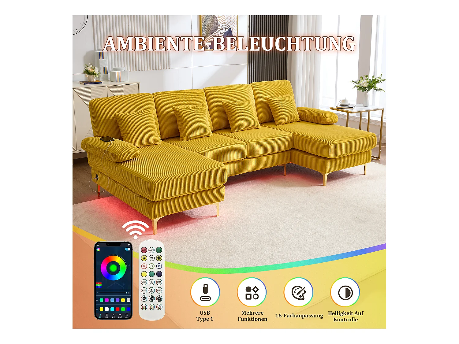 Canapé en forme de U - 265 x 135 x 88 cm - avec Leds + port USB-C + 4 coussins - velours - jaune