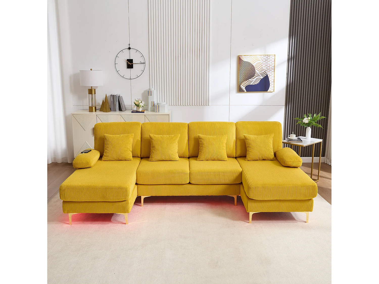 Canapé en forme de U - 265 x 135 x 88 cm - avec Leds + port USB-C + 4 coussins - velours - jaune