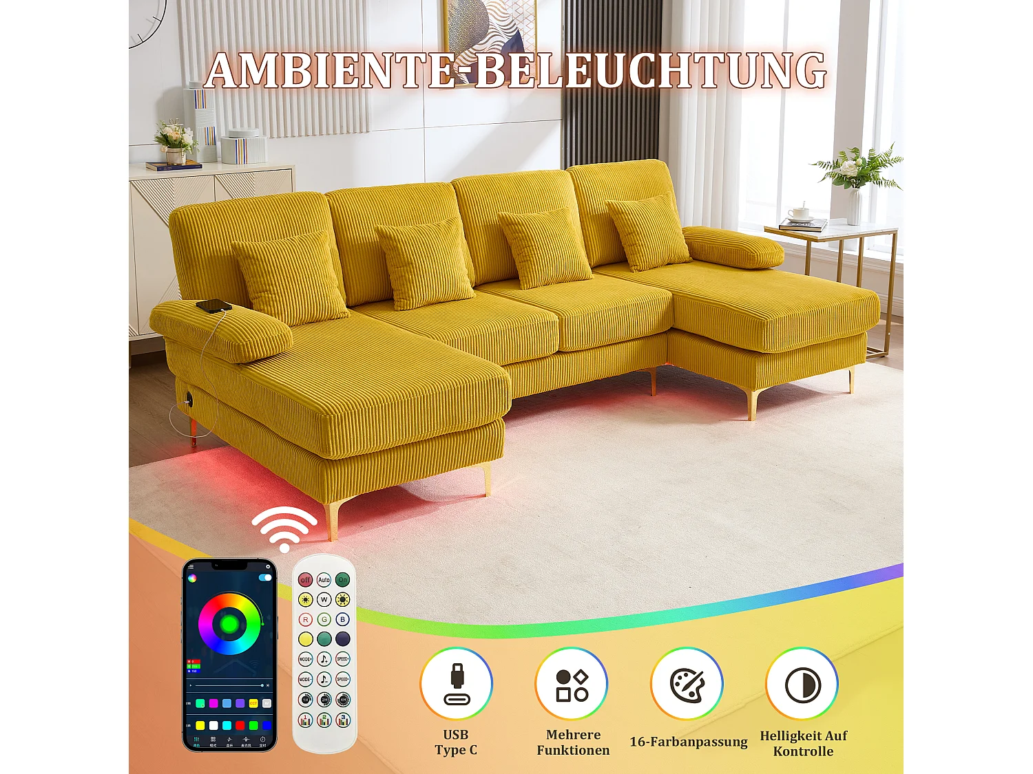 Canapé en forme de U - 265 x 135 x 88 cm - avec Leds + port USB-C + 4 coussins - velours - jaune