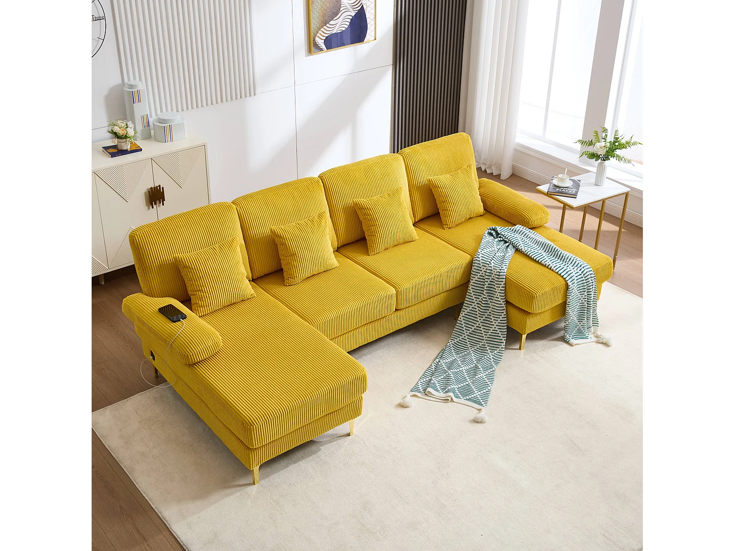 Canapé en forme de U - 265 x 135 x 88 cm - avec Leds + port USB-C + 4 coussins - velours - jaune