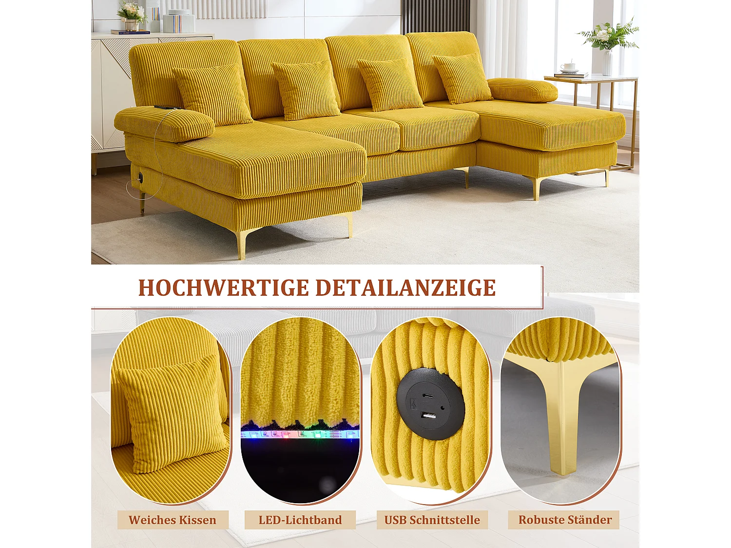 Canapé en forme de U - 265 x 135 x 88 cm - avec Leds + port USB-C + 4 coussins - velours - jaune