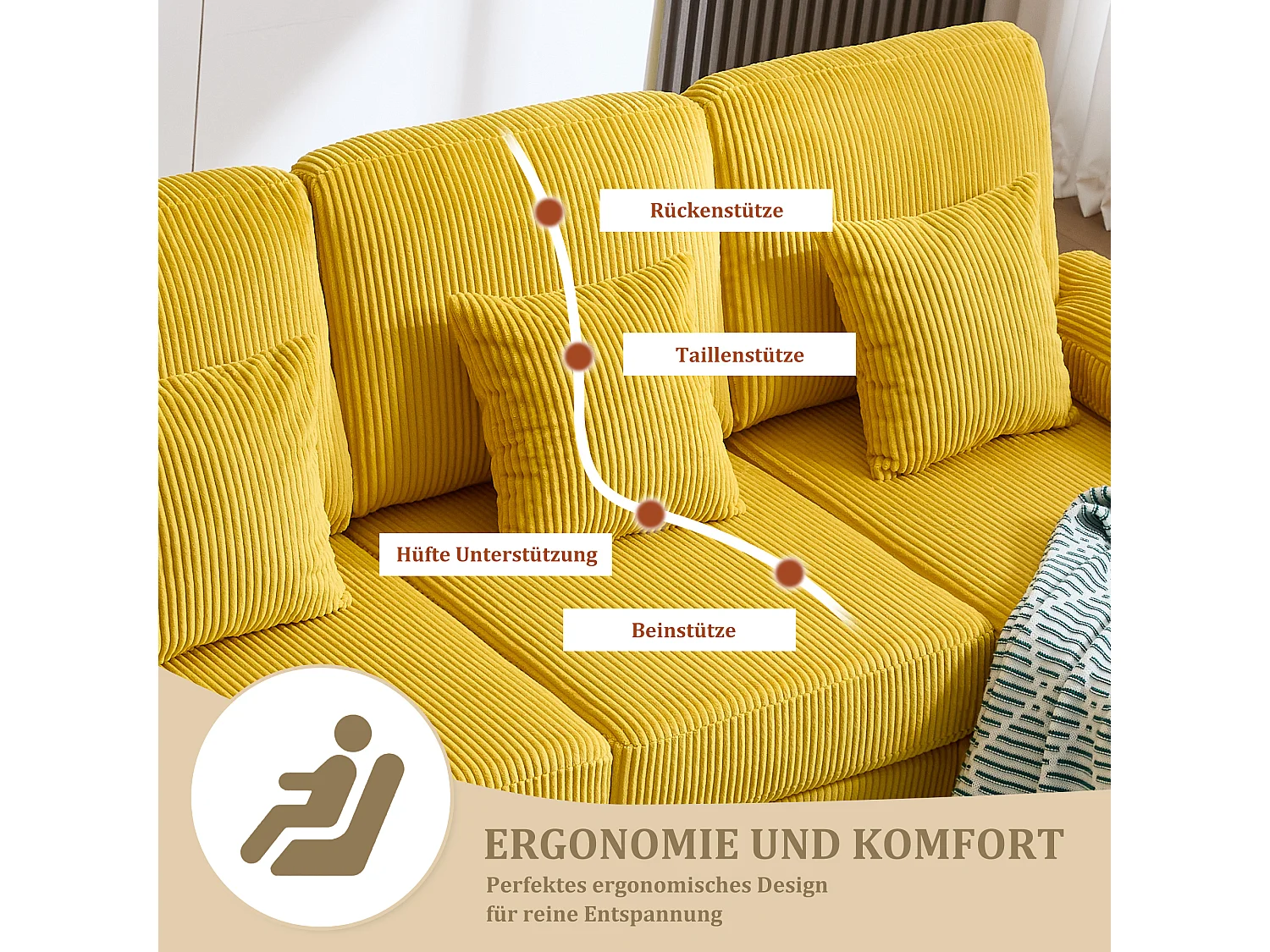 Canapé en forme de U - 265 x 135 x 88 cm - avec Leds + port USB-C + 4 coussins - velours - jaune