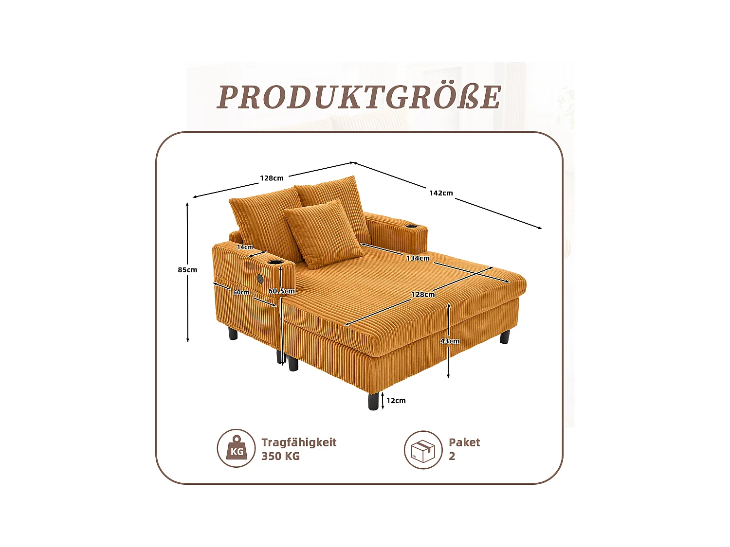 Sofa 3-osobowa rozkładana - 142 x 128 x 85 cm - z uchwytami na kubki + porty USB + diody LED - aksamitna - żółta