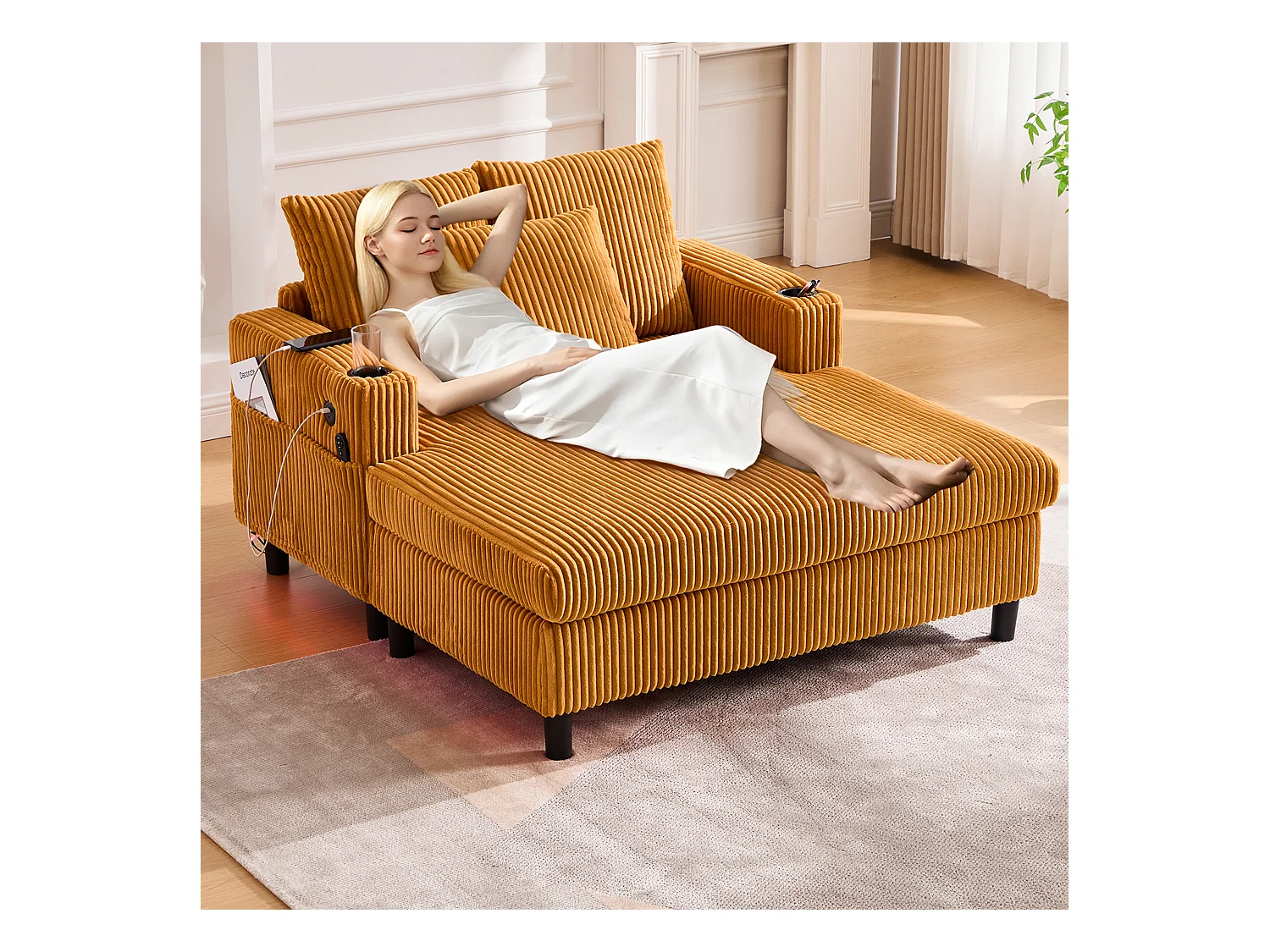 Sofa 3-osobowa rozkładana - 142 x 128 x 85 cm - z uchwytami na kubki + porty USB + diody LED - aksamitna - żółta