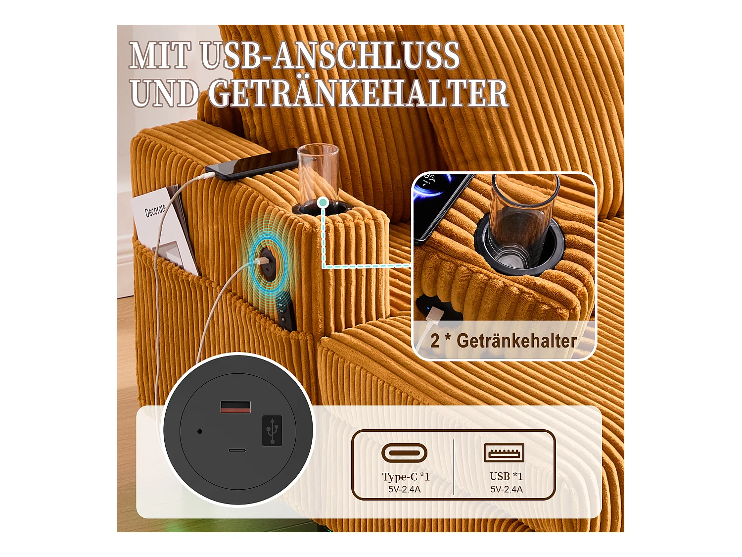 Sofa 3-osobowa rozkładana - 142 x 128 x 85 cm - z uchwytami na kubki + porty USB + diody LED - aksamitna - żółta