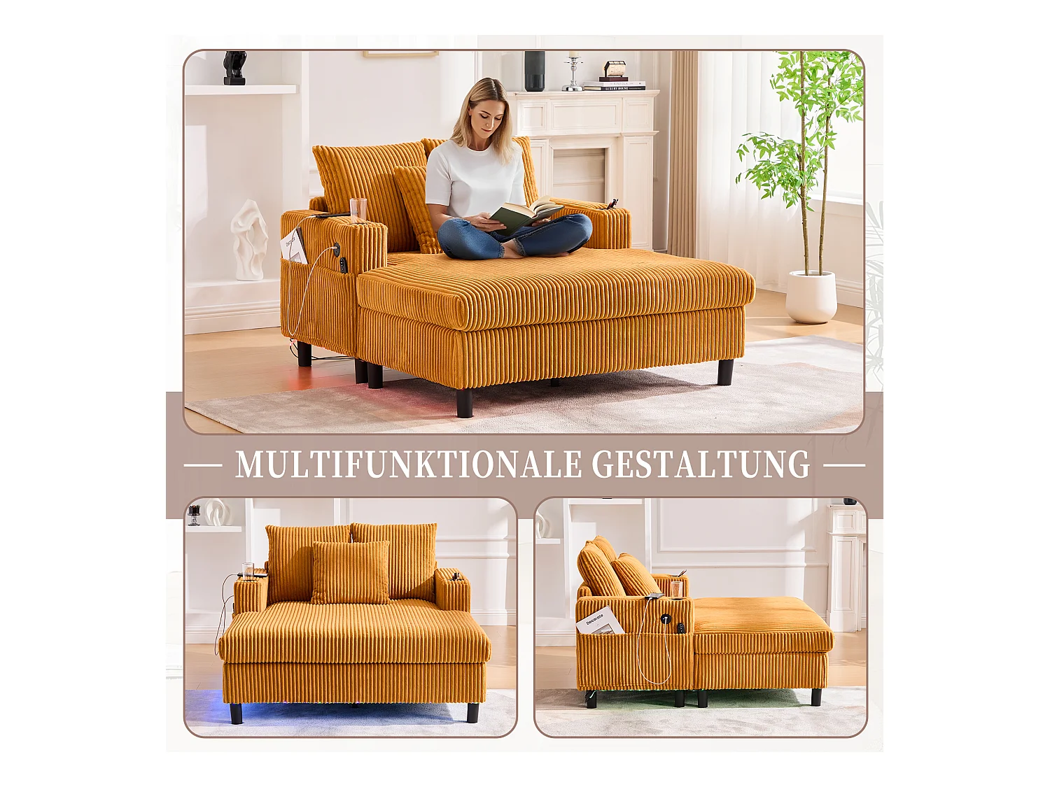 Sofa 3-osobowa rozkładana - 142 x 128 x 85 cm - z uchwytami na kubki + porty USB + diody LED - aksamitna - żółta