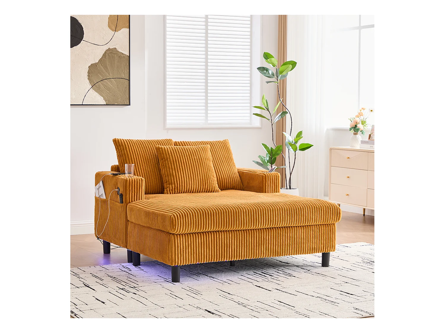 Sofa 3-osobowa rozkładana - 142 x 128 x 85 cm - z uchwytami na kubki + porty USB + diody LED - aksamitna - żółta