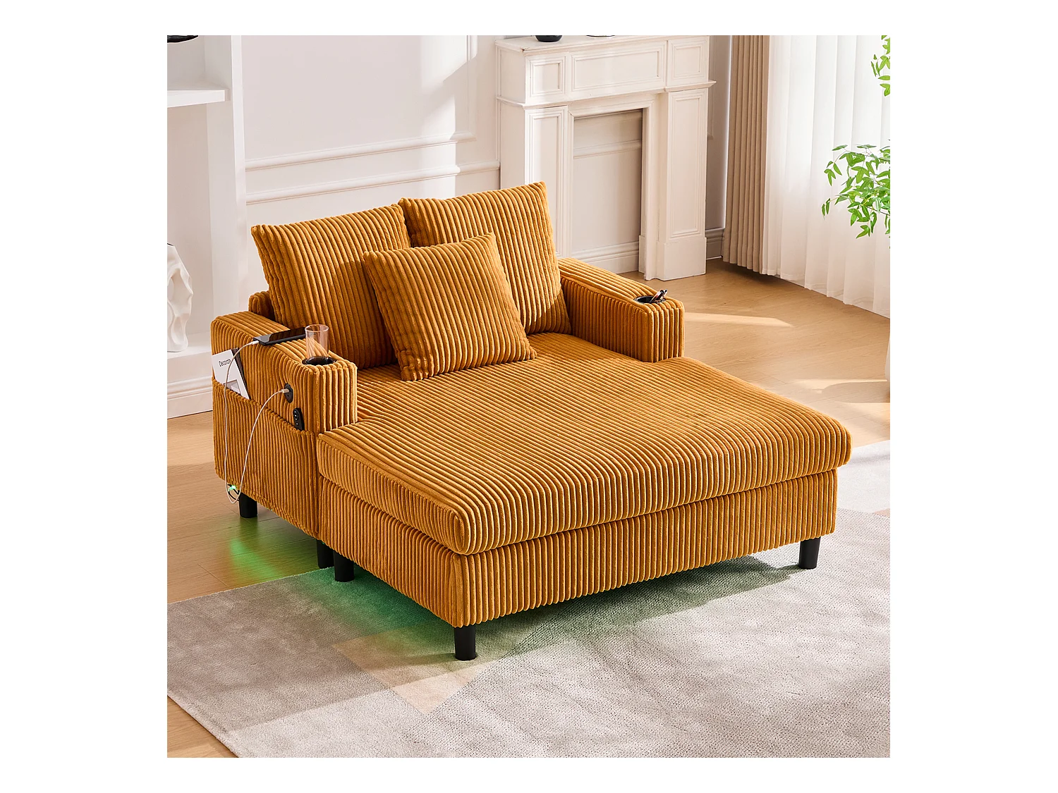 Canapé couchage 3 places - 142 x 128 x 85 cm - avec porte-gobelets + ports USB + Leds - velours - jaune