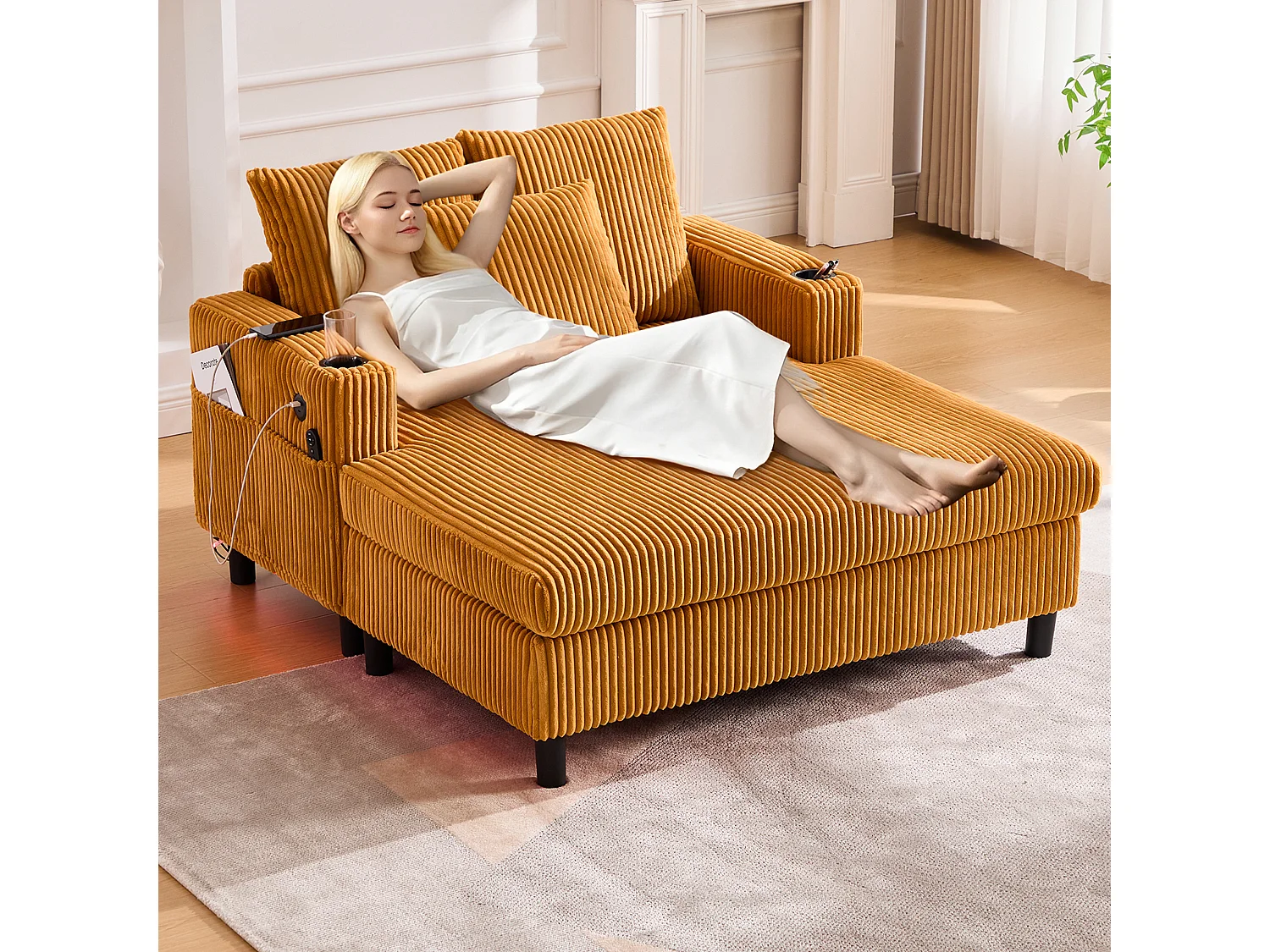 Canapé couchage 3 places - 142 x 128 x 85 cm - avec porte-gobelets + ports USB + Leds - velours - jaune