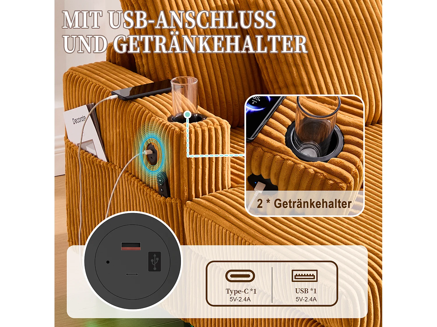 Canapé couchage 3 places - 142 x 128 x 85 cm - avec porte-gobelets + ports USB + Leds - velours - jaune