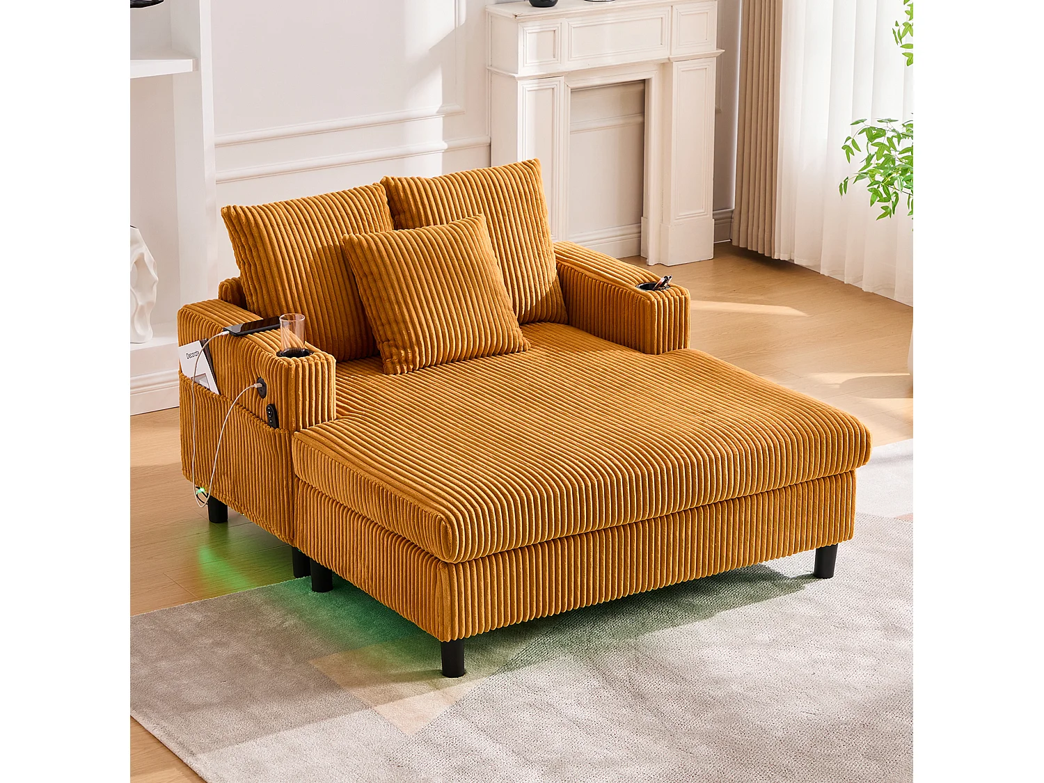 Canapé couchage 3 places - 142 x 128 x 85 cm - avec porte-gobelets + ports USB + Leds - velours - jaune