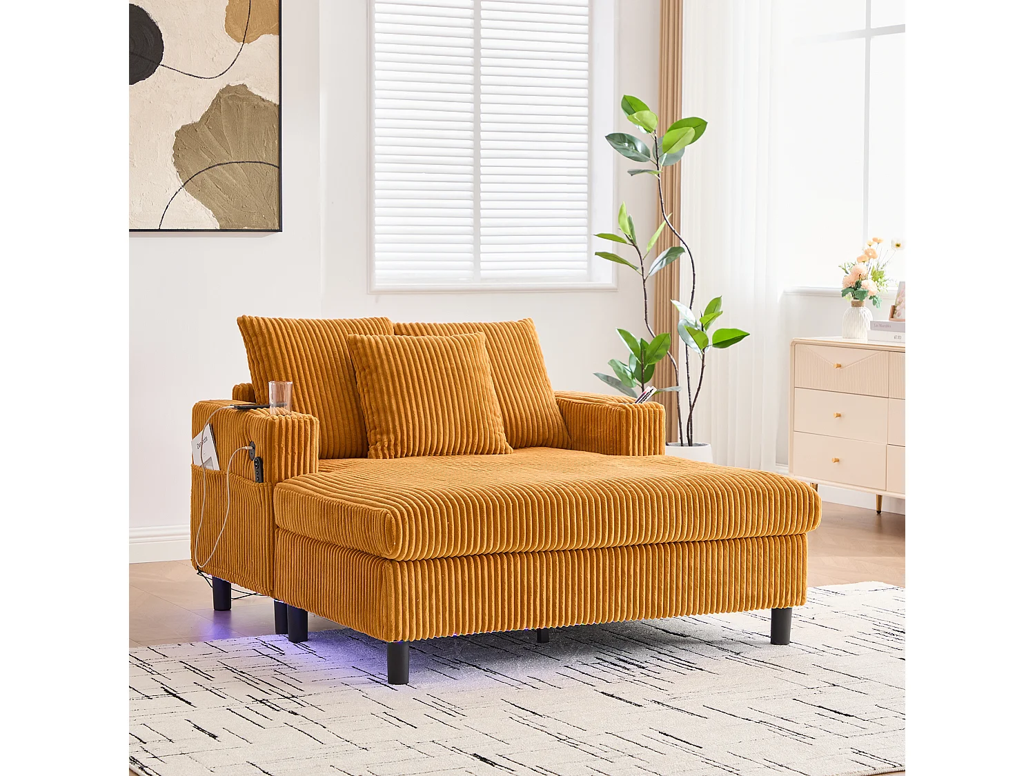 Canapé couchage 3 places - 142 x 128 x 85 cm - avec porte-gobelets + ports USB + Leds - velours - jaune