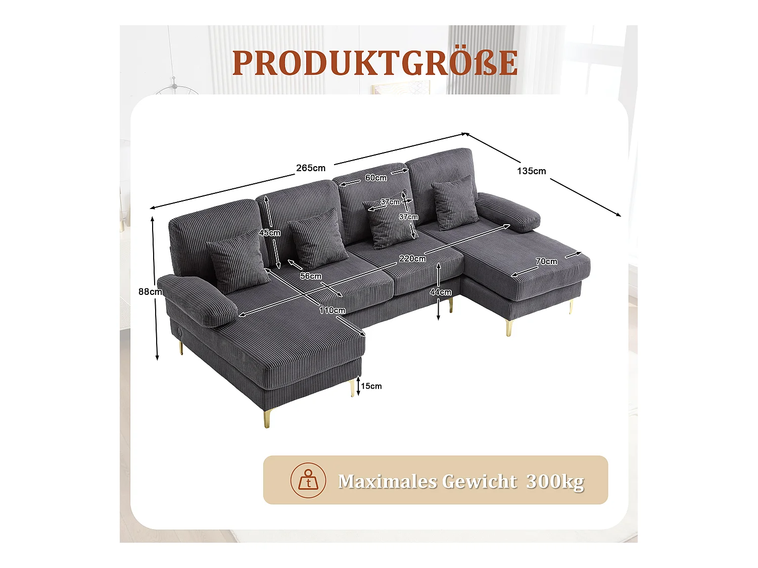U-förmiges Sofa - 265 x 135 x 88 cm - mit LEDs + USB-C-Anschluss + 4 Kissen - Samt - grau