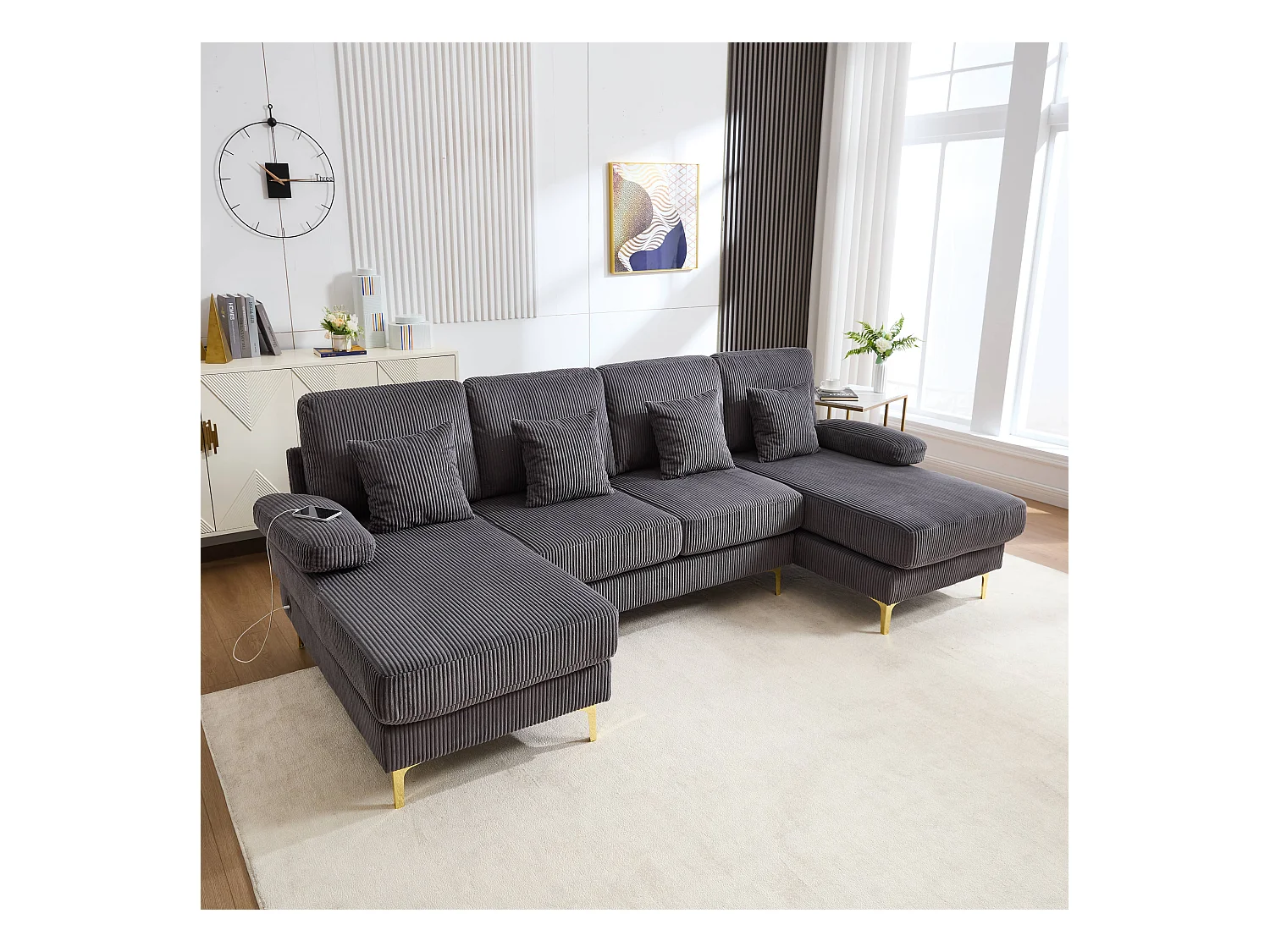 U-förmiges Sofa - 265 x 135 x 88 cm - mit LEDs + USB-C-Anschluss + 4 Kissen - Samt - grau