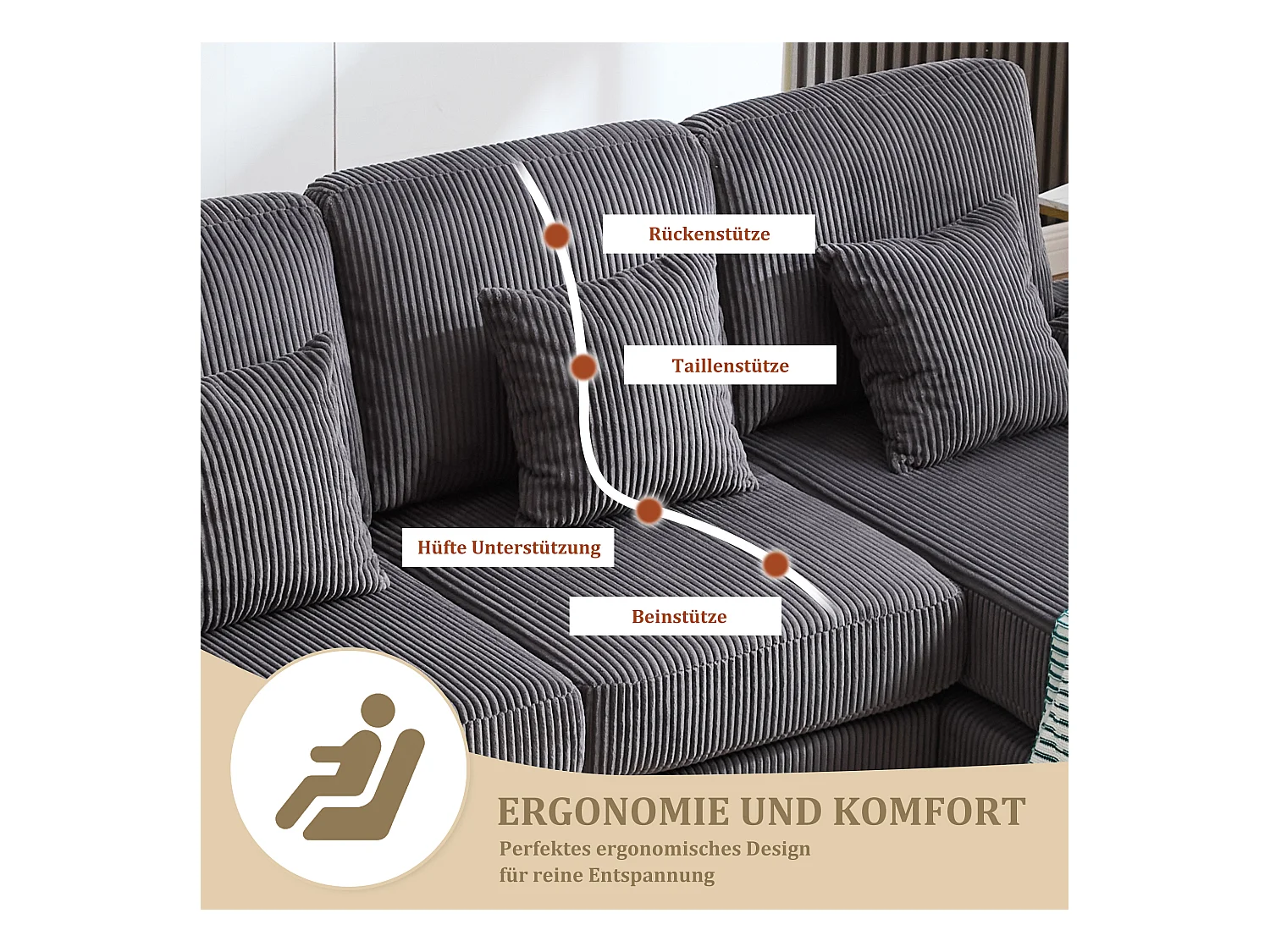 U-förmiges Sofa - 265 x 135 x 88 cm - mit LEDs + USB-C-Anschluss + 4 Kissen - Samt - grau