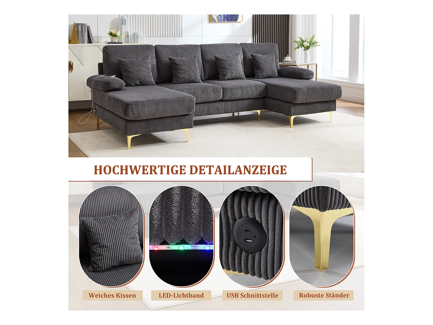 U-förmiges Sofa - 265 x 135 x 88 cm - mit LEDs + USB-C-Anschluss + 4 Kissen - Samt - grau