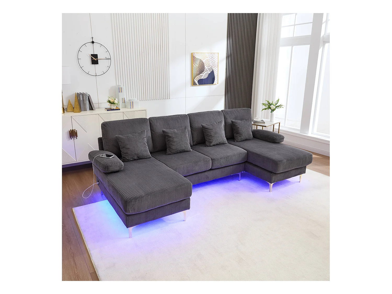 Canapé en forme de U - 265 x 135 x 88 cm - avec Leds + port USB-C + 4 coussins - velours - gris