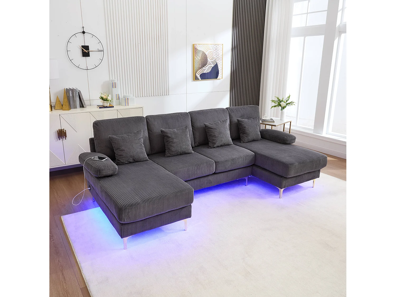 Canapé en forme de U - 265 x 135 x 88 cm - avec Leds + port USB-C + 4 coussins - velours - gris