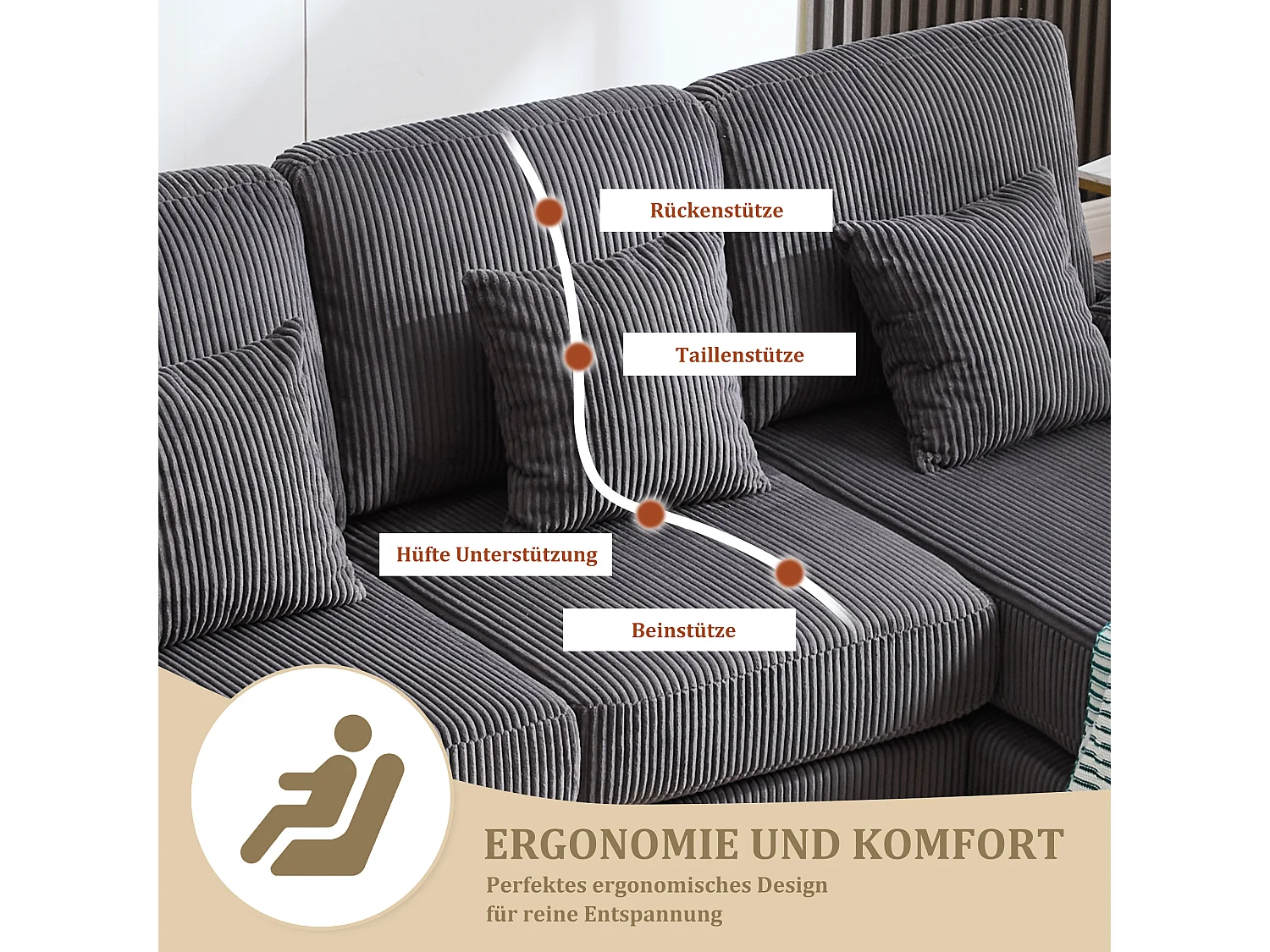 Canapé en forme de U - 265 x 135 x 88 cm - avec Leds + port USB-C + 4 coussins - velours - gris