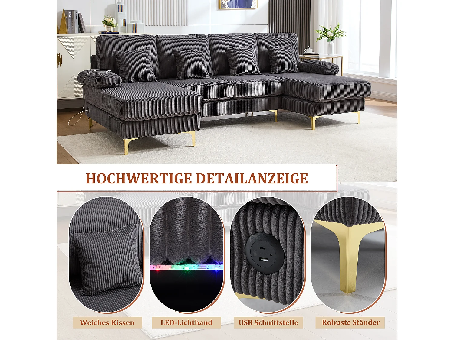 Canapé en forme de U - 265 x 135 x 88 cm - avec Leds + port USB-C + 4 coussins - velours - gris