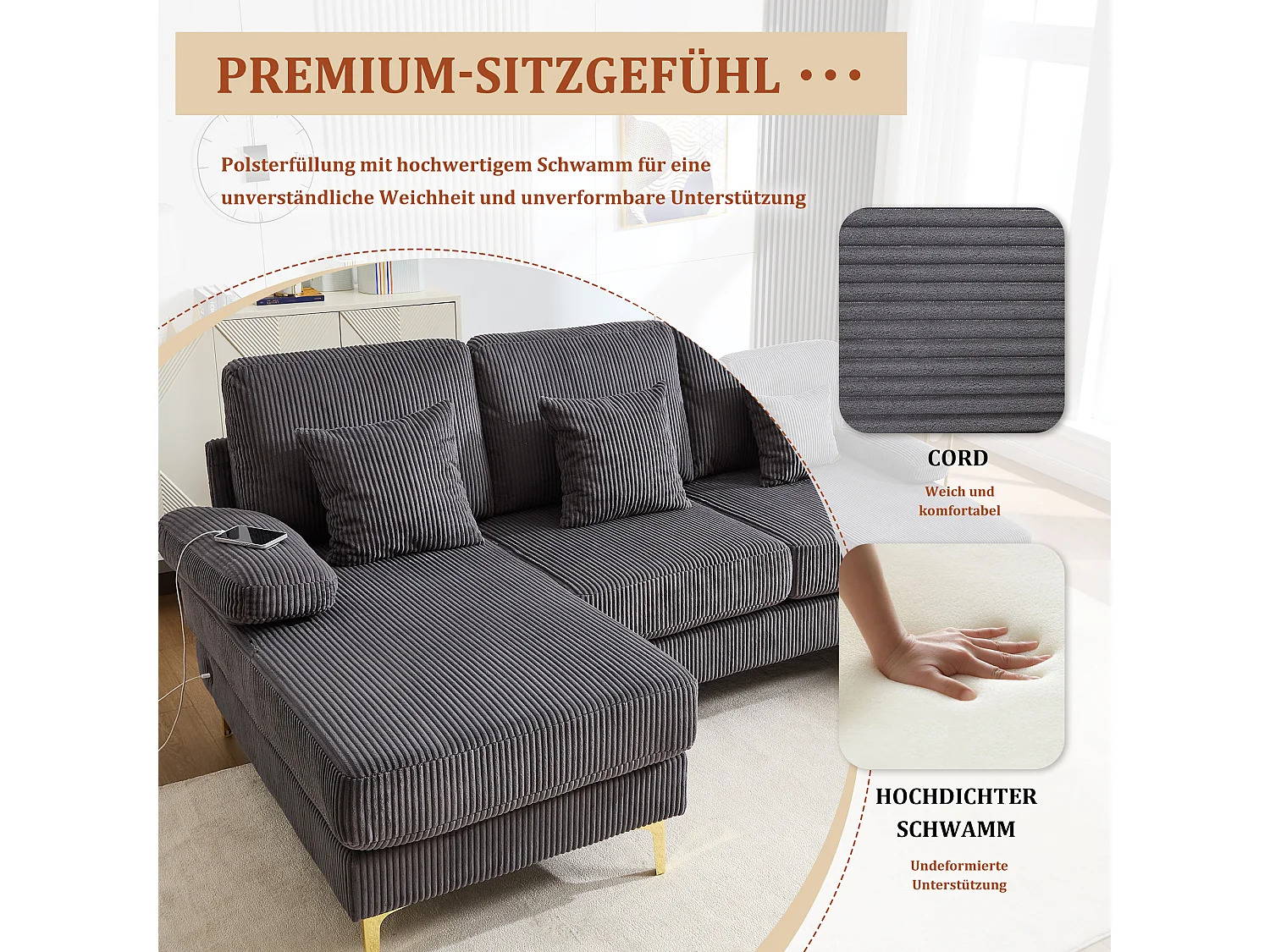 Canapé en forme de U - 265 x 135 x 88 cm - avec Leds + port USB-C + 4 coussins - velours - gris