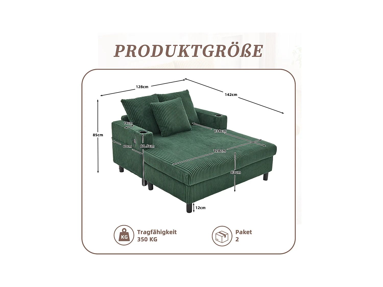 Canapé couchage 3 places - 142 x 128 x 85 cm - avec porte-gobelets + ports USB + Leds - velours - vert