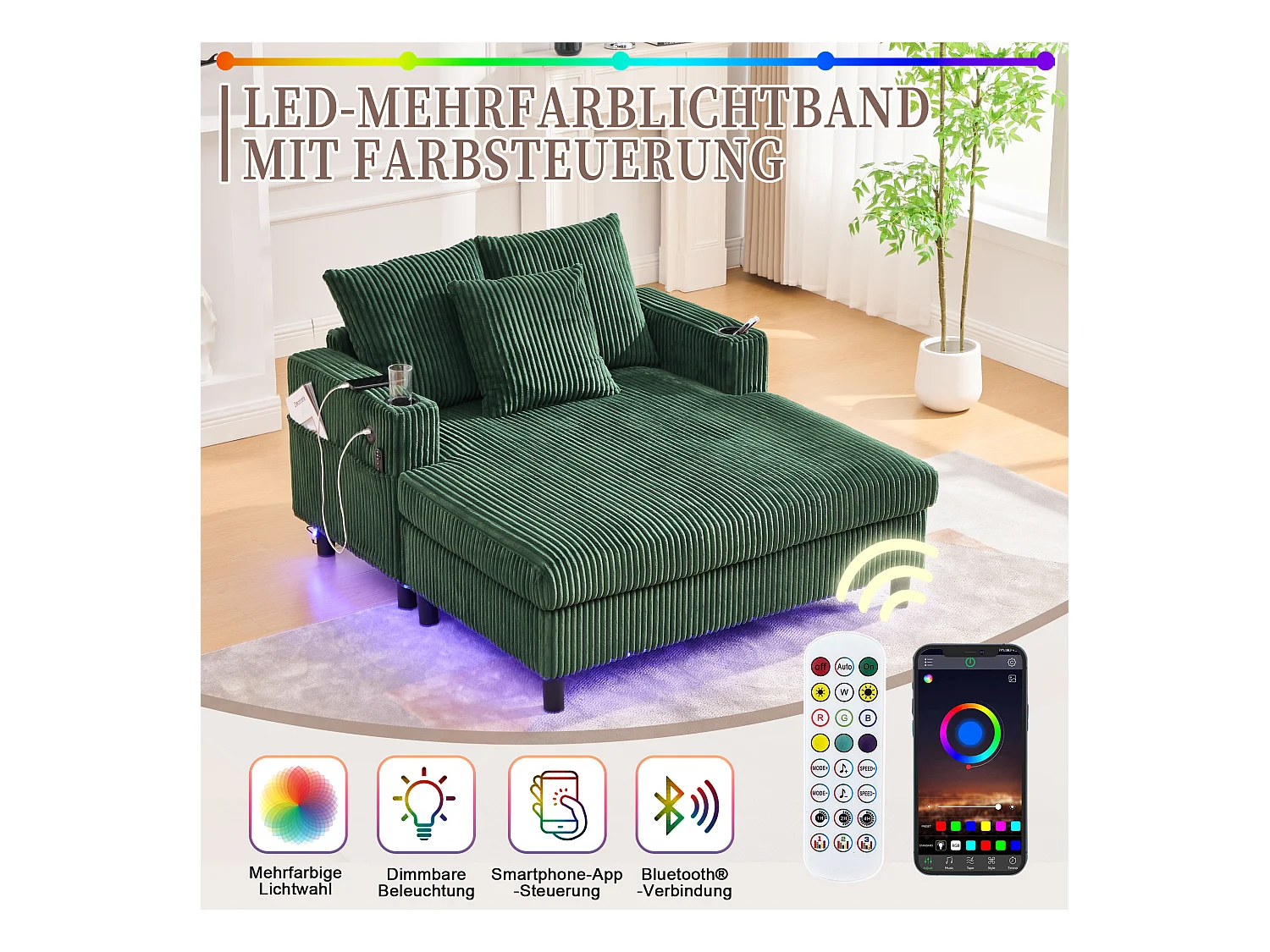 Canapé couchage 3 places - 142 x 128 x 85 cm - avec porte-gobelets + ports USB + Leds - velours - vert