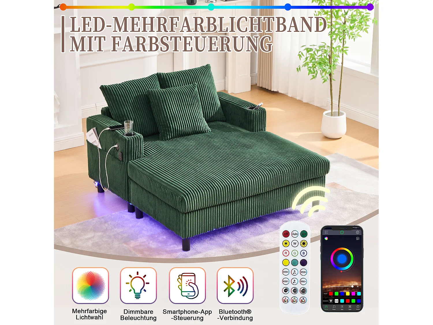 Canapé couchage 3 places - 142 x 128 x 85 cm - avec porte-gobelets + ports USB + Leds - velours - vert