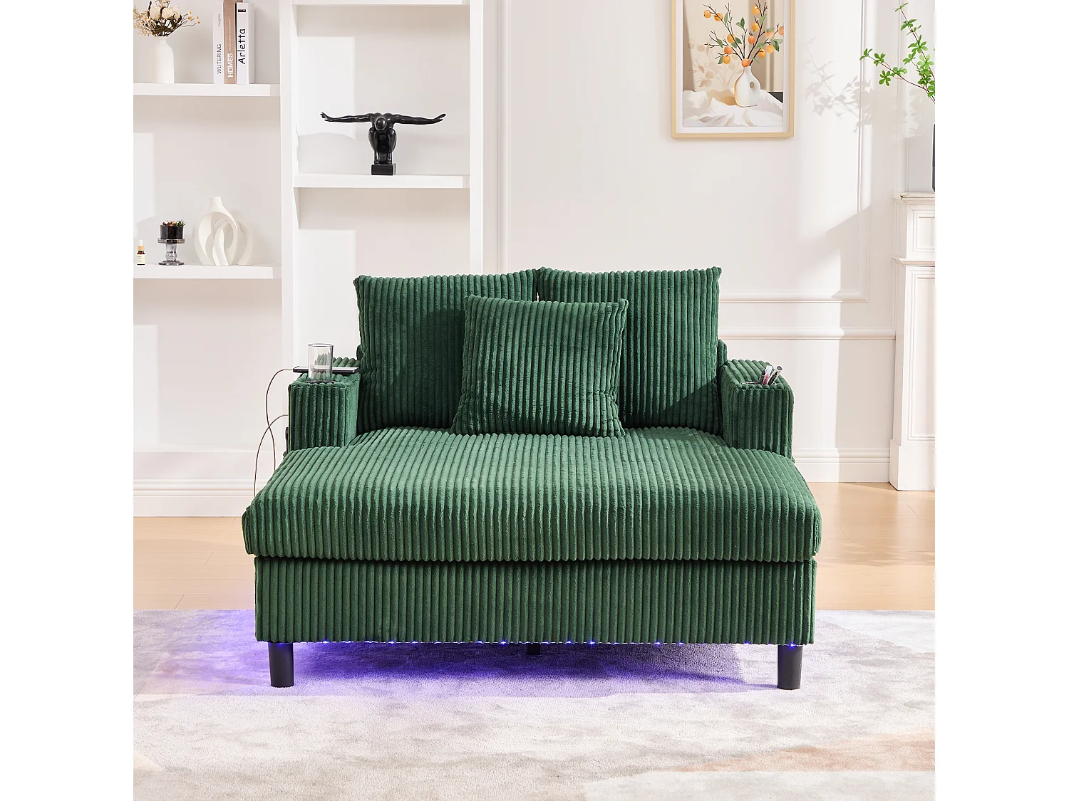 Canapé couchage 3 places - 142 x 128 x 85 cm - avec porte-gobelets + ports USB + Leds - velours - vert