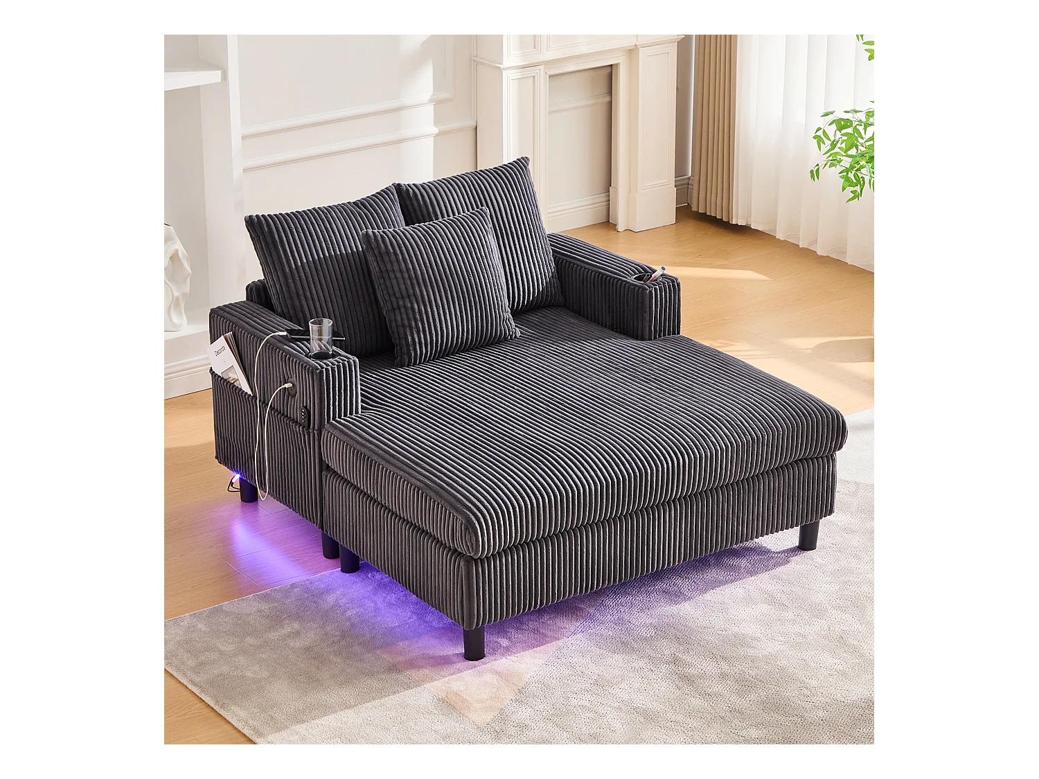 3-zits slaapbank - 142 x 128 x 85 cm - met bekerhouders + USB-poorten + LED's - fluweel - donkergrijs