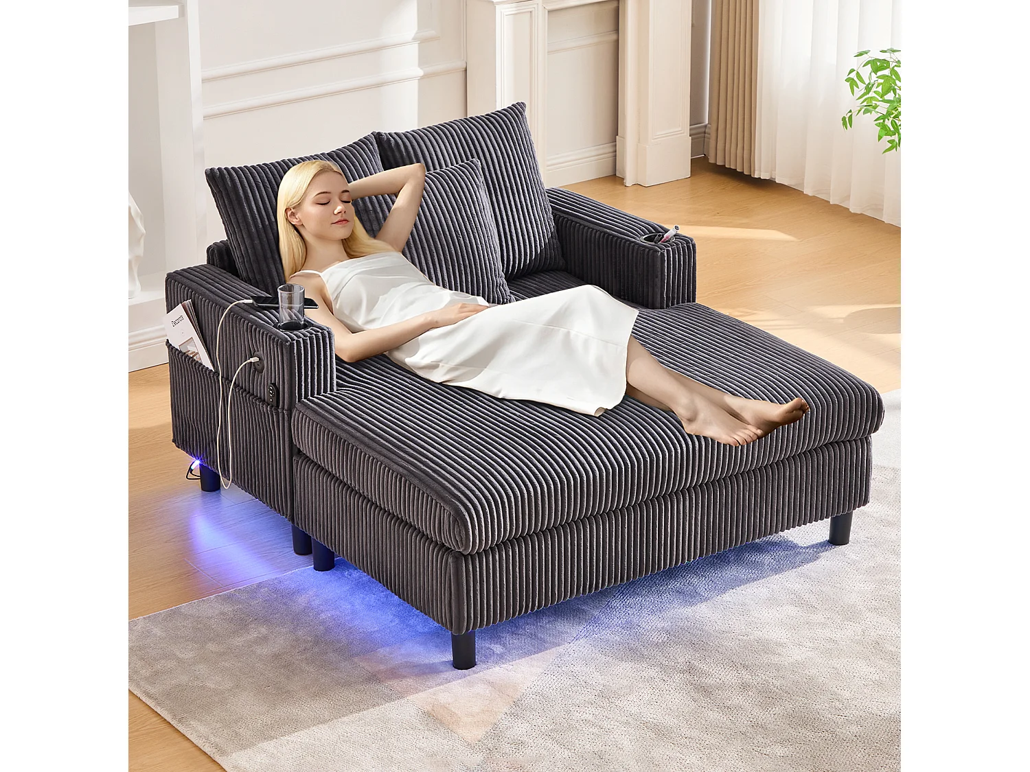 Canapé couchage 3 places - 142 x 128 x 85 cm - avec porte-gobelets + ports USB + Leds - velours - gris foncé