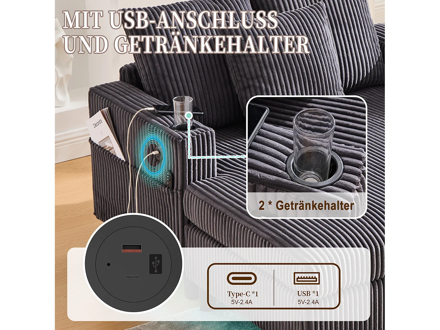 Canapé couchage 3 places - 142 x 128 x 85 cm - avec porte-gobelets + ports USB + Leds - velours - gris foncé