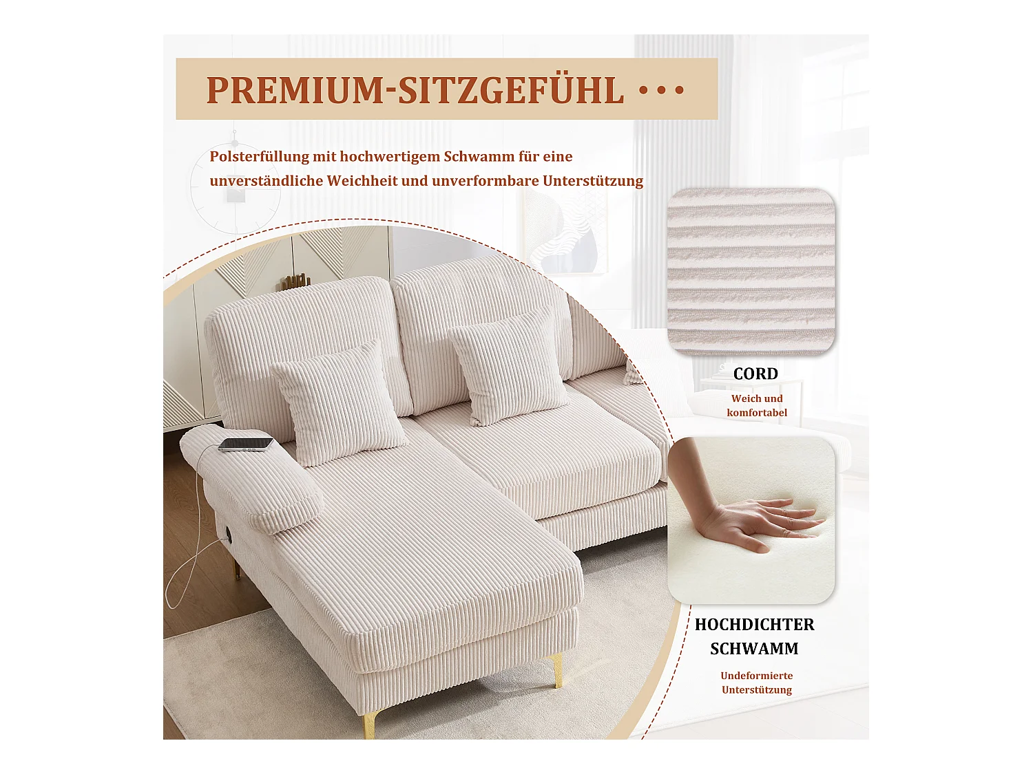 Divano a U - 265 x 135 x 88 cm - con LED + porta USB-C + 4 cuscini - velluto - beige