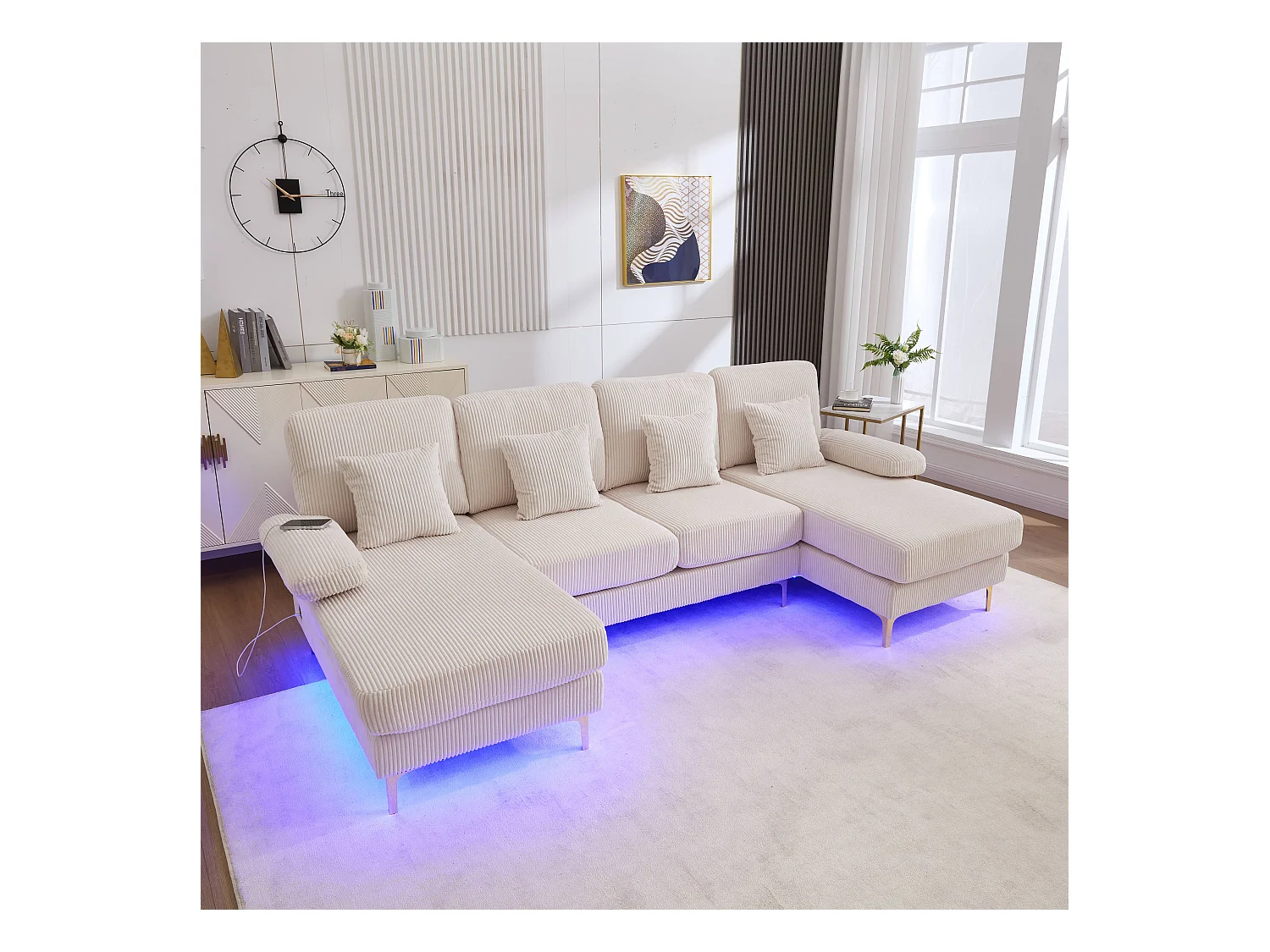 Canapé en forme de U - 265 x 135 x 88 cm - avec Leds + port USB-C + 4 coussins - velours - beige