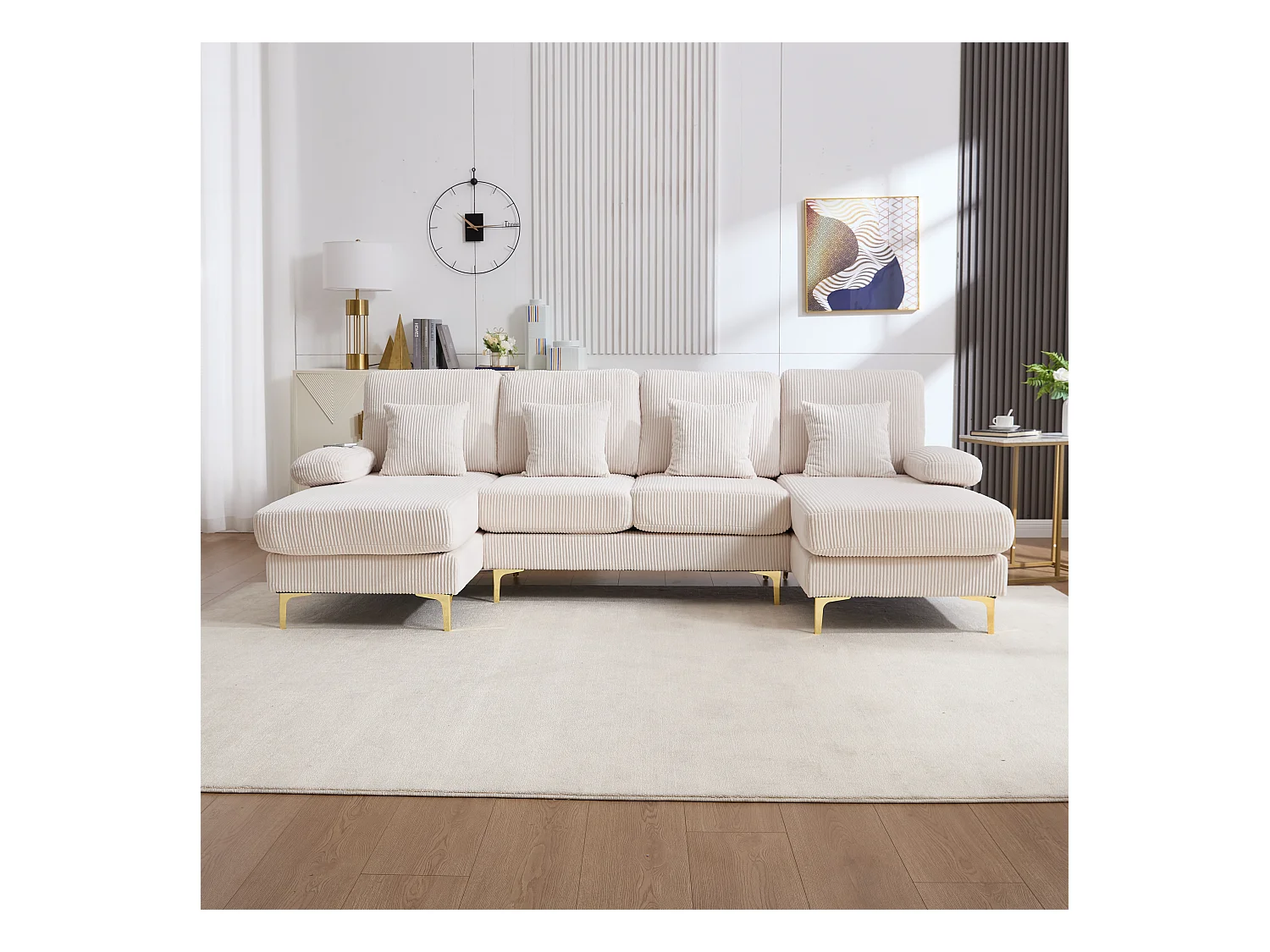 Canapé en forme de U - 265 x 135 x 88 cm - avec Leds + port USB-C + 4 coussins - velours - beige