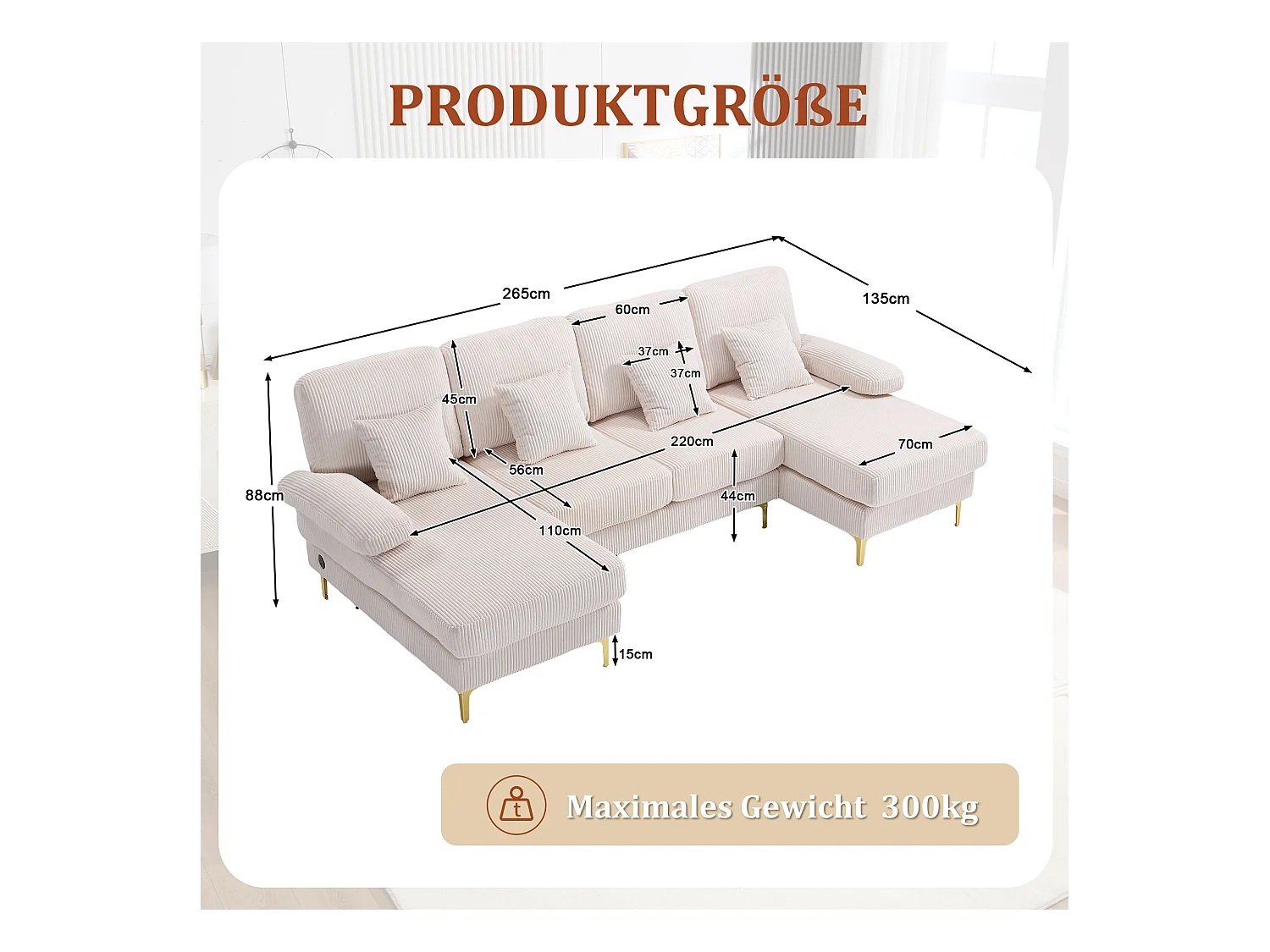 Canapé en forme de U - 265 x 135 x 88 cm - avec Leds + port USB-C + 4 coussins - velours - beige