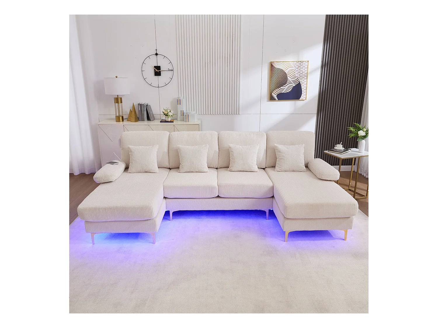 Canapé en forme de U - 265 x 135 x 88 cm - avec Leds + port USB-C + 4 coussins - velours - beige